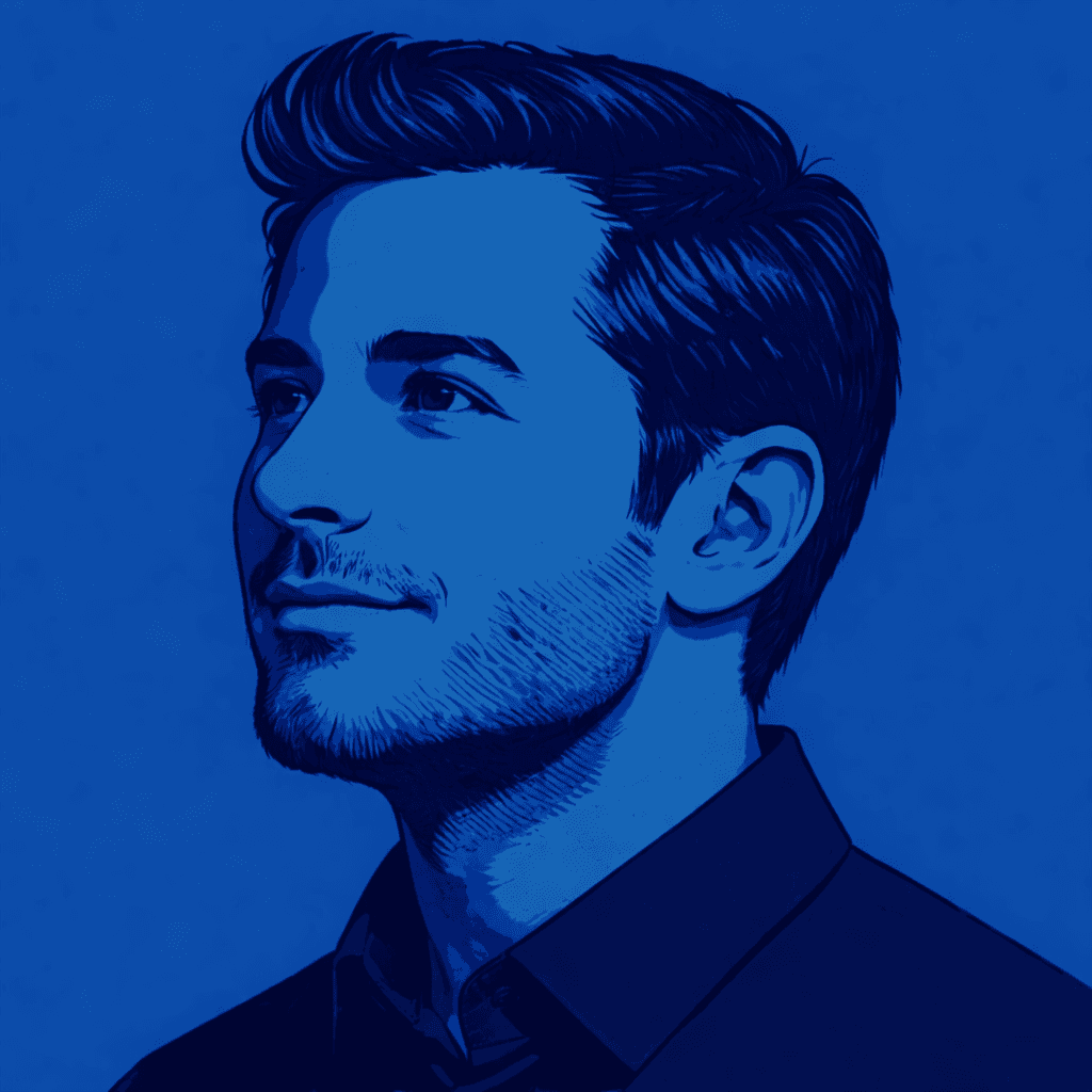 Stylized blue-toned illustration of a bearded man in profile wearing glasses and a collared shirt.
