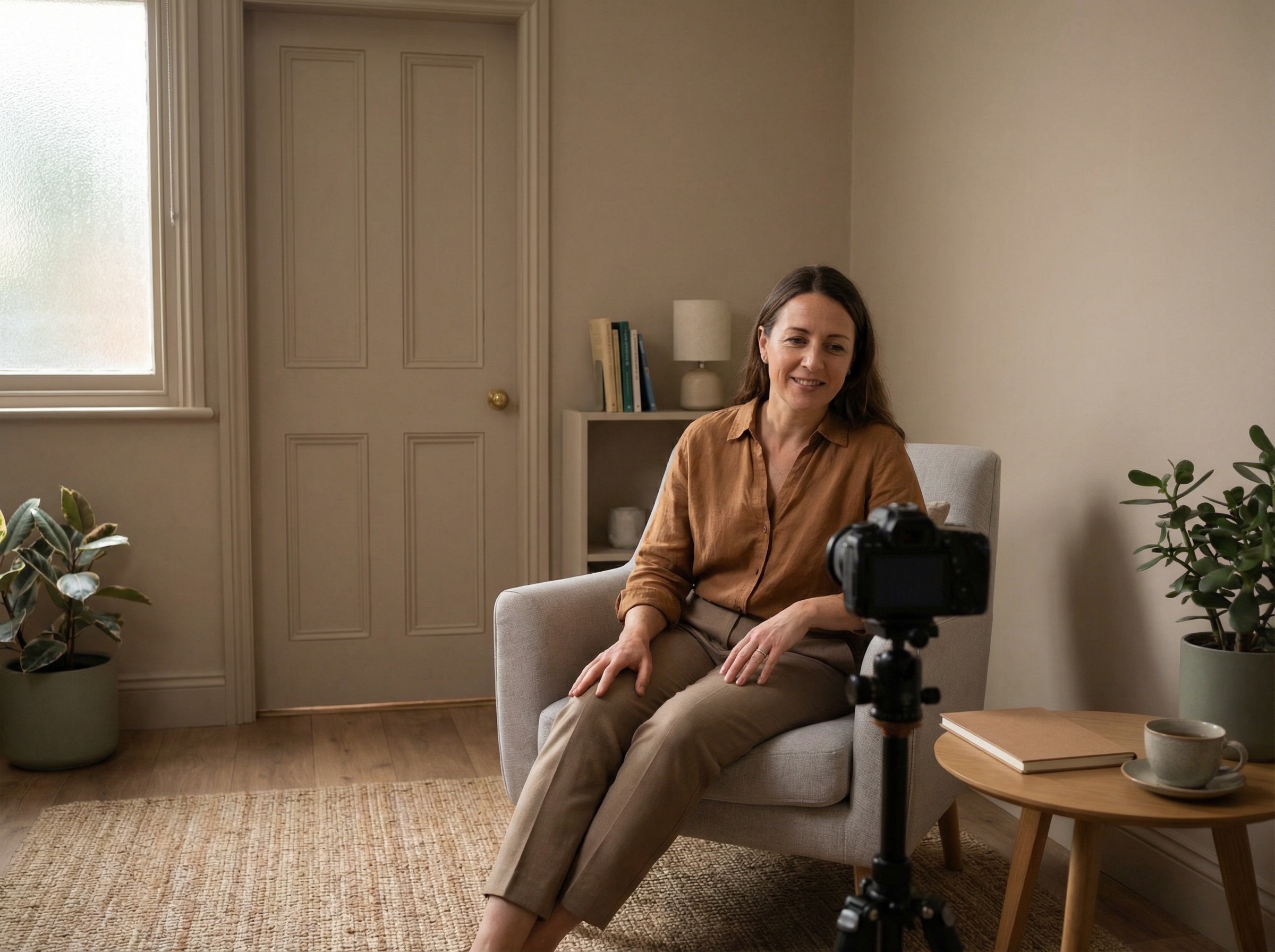 Eine Therapeutin sitzt in einem ruhigen Raum und spricht in eine dezente Kamera. Diffuses Fensterlicht, eine geschlossene Tür und ein Notizbuch neben einer Teetasse betonen Vertraulichkeit. Die Stimmung ist konzentriert, freundlich und professionell, ideal für eine vertrauliche Video-Sitzung.