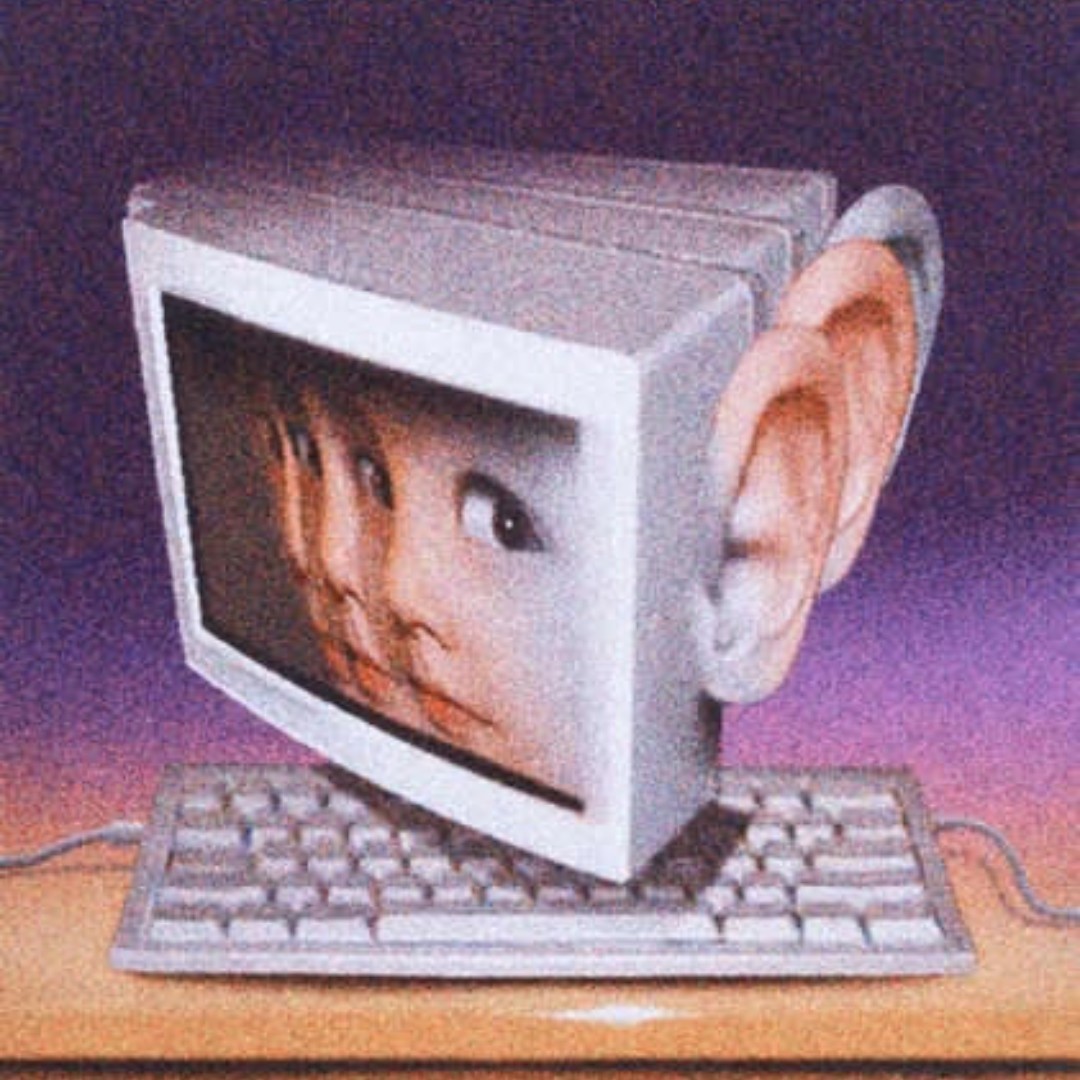 Surreal illustration of an old computer monitor with a human ear and a watching face on the screen