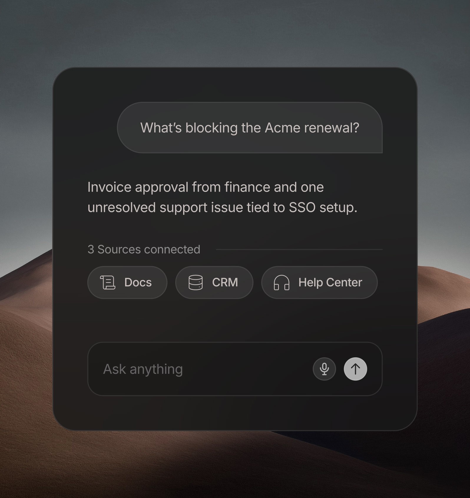 Feature section showing connected knowledge sources (Docs, CRM, Help Center) with a chat UI answering a query about a client renewal.