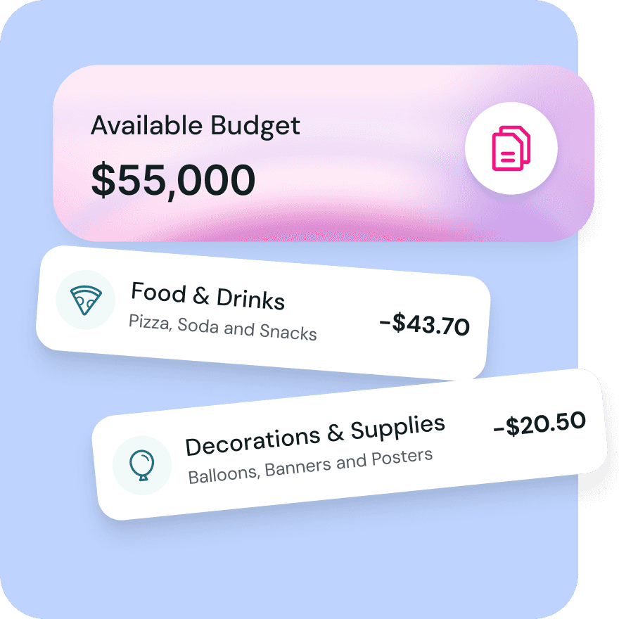 Lounge finance dashboard showing student organization budget tracking, funding requests, and expense management