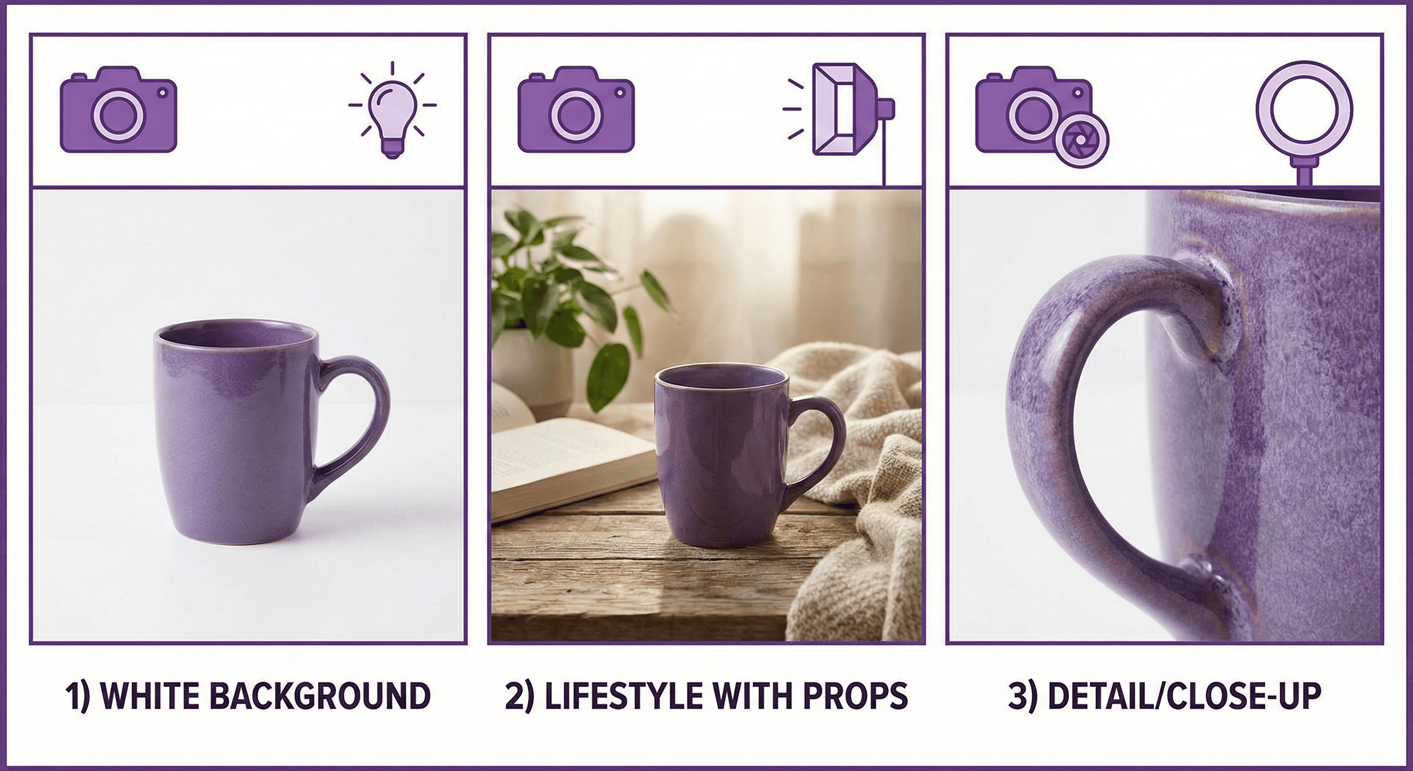 An instructional-style illustration divided into three purple-bordered frames. It showcases three product photo types: a clean product shot on a white background, a lifestyle shot with decorative props, and a zoomed-in detail shot. Camera and lighting icons are placed around the frames.