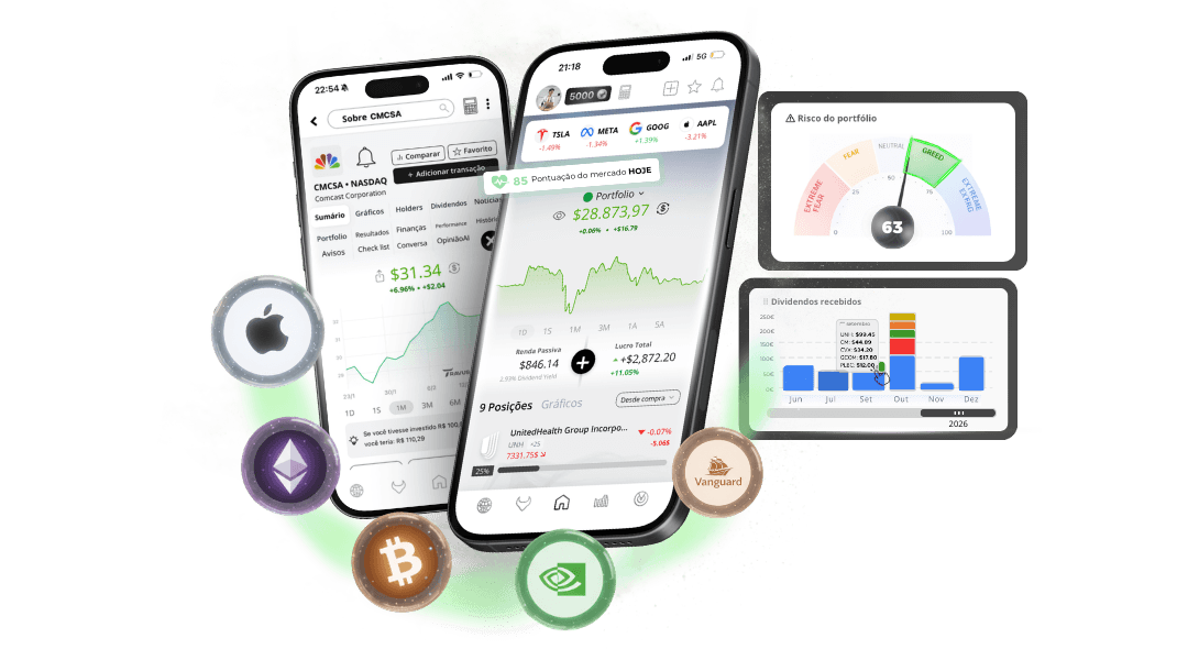 Interface da plataforma Travus AI exibida em dois smartphones e widgets flutuantes. Mostra o acompanhamento de portfólio de investimentos com saldo de $28.873,97, gráfico de desempenho, índice de medo e ganância (Fear & Greed Index) em 63, gráfico de dividendos mensais e ícones flutuantes de ativos como Bitcoin, Ethereum, Apple e Nvidia. Design moderno em tons de preto, branco e verde.