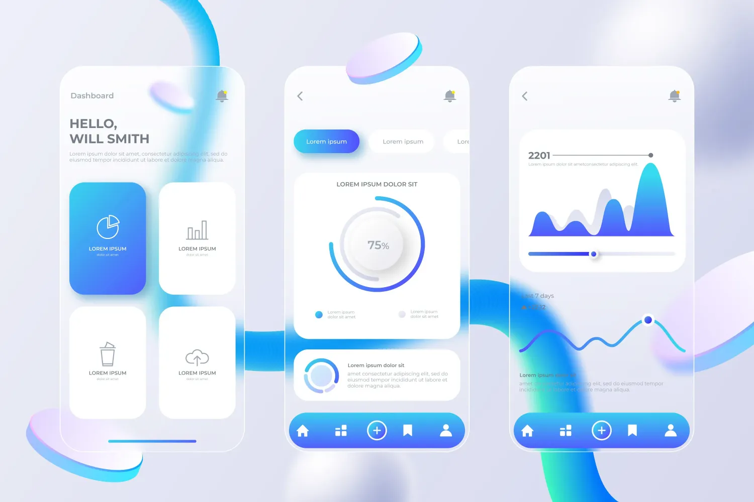 UI/UX premium layout, mobile dashboard, white and blue with glass effects