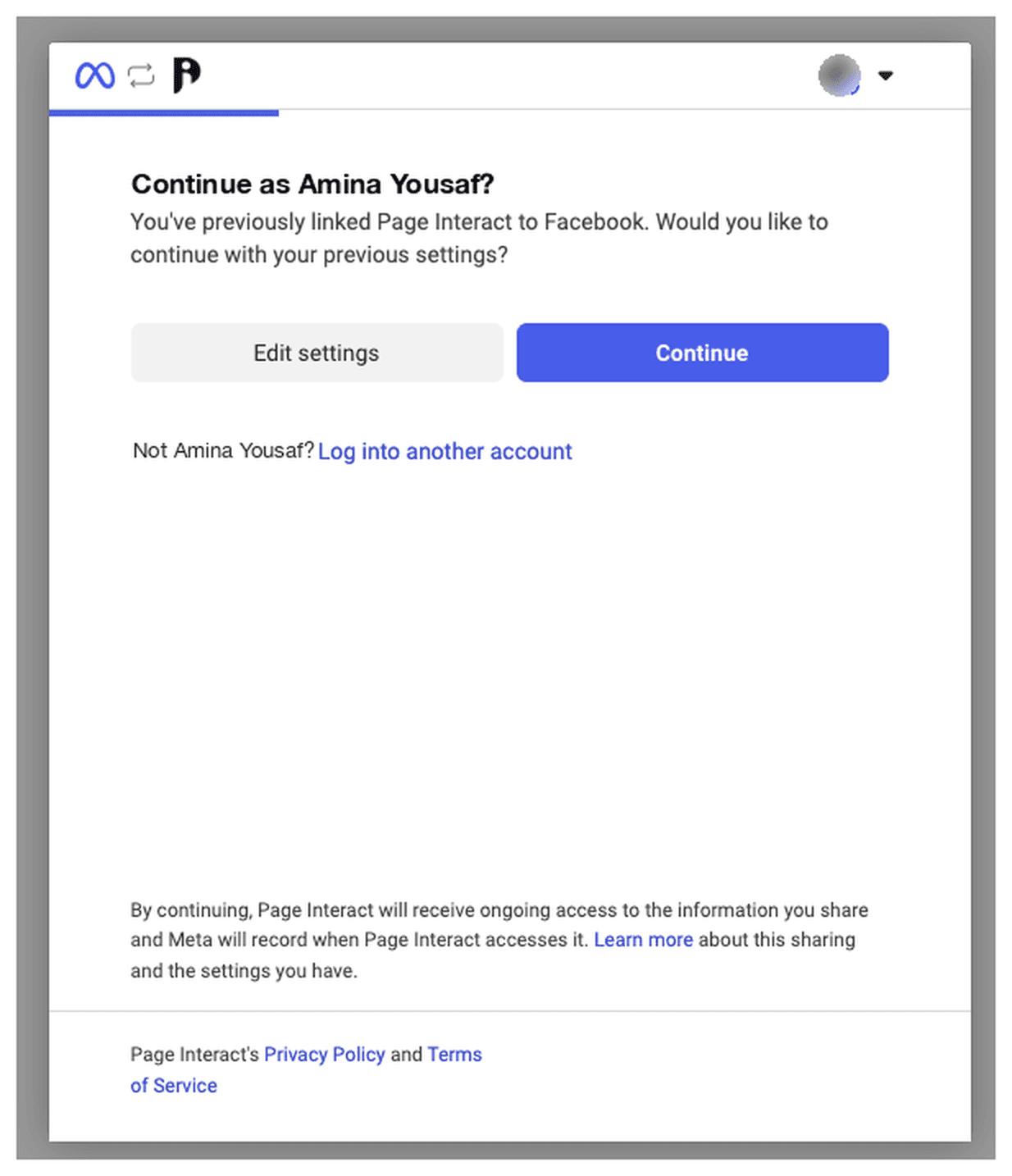 Facebook's own permission screen asking whether to continue with the previously linked Page Interact account.