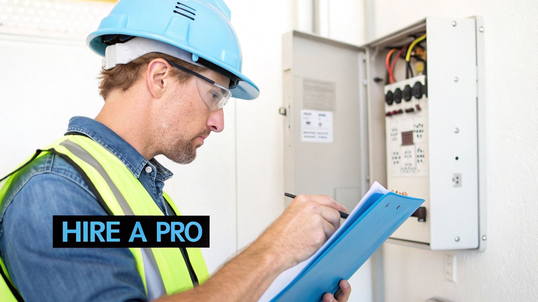 an electrician in a blue hard-hat helmet holding a blue folder while examining an electrical box on a white wall
