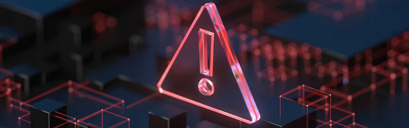 Red digital warning symbol glowing on a circuit board interface, representing active ransomware exploitation of the VMware ESXi CVE 2025 22225 vulnerability and hypervisor compromise.