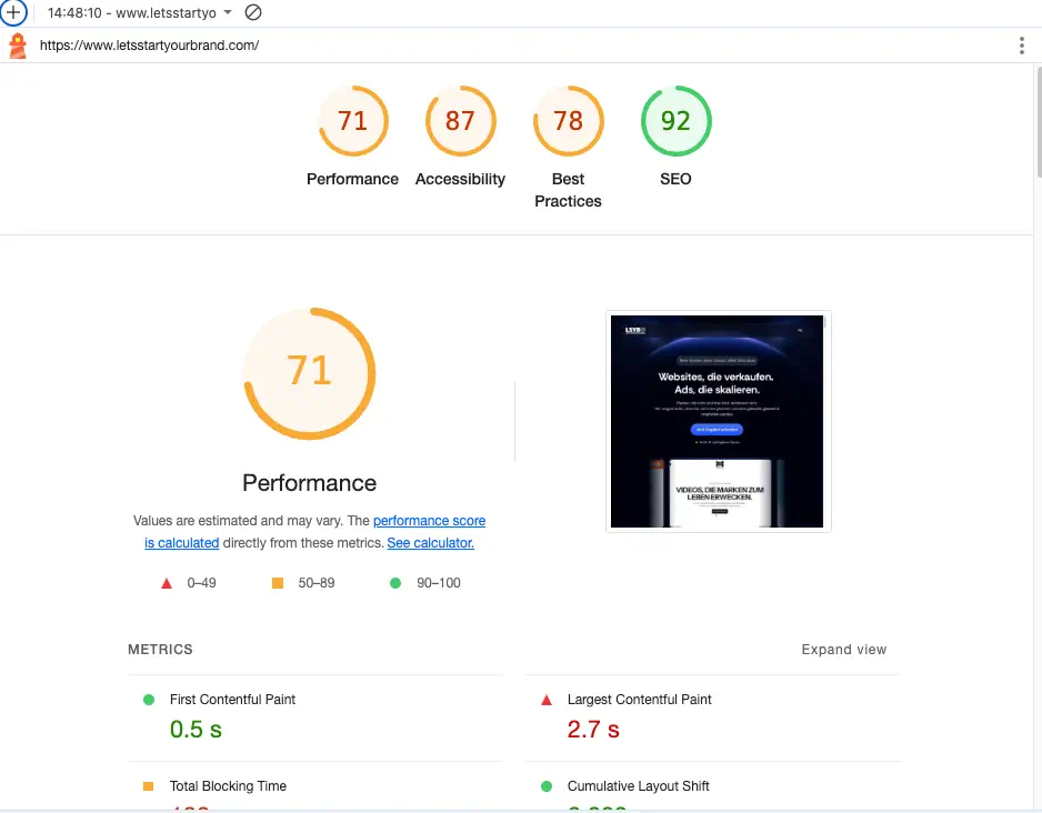 Pagespeed Werte der Webdesign Agentur Let's Start Your Brand vor der Optimierung