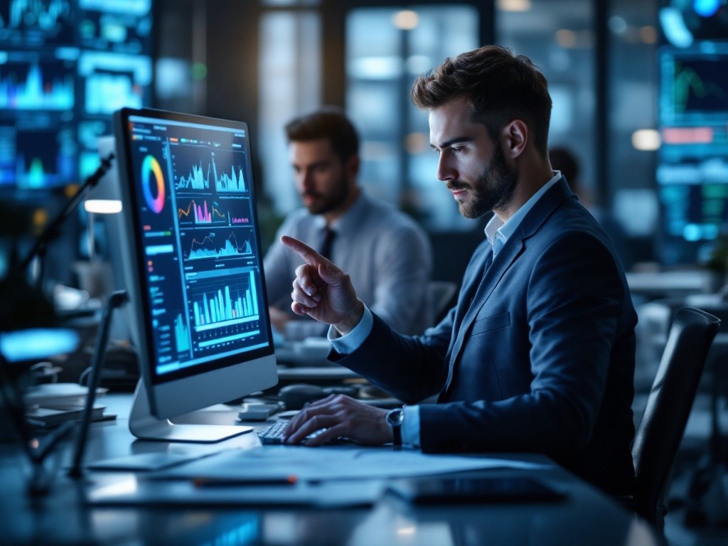 Businessman analyzing data on a computer screen