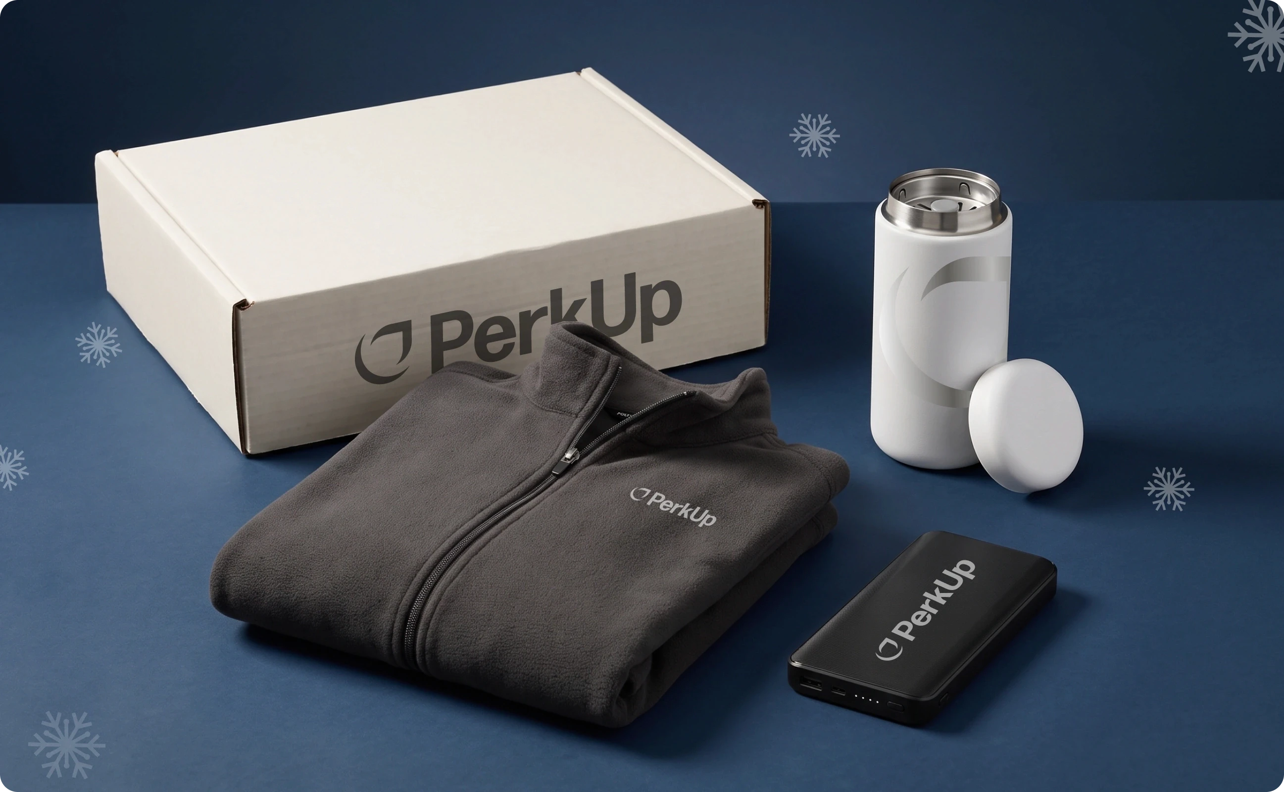 Swag items such as jacket, powerbank, a drinkware, and PerkUp branded box.