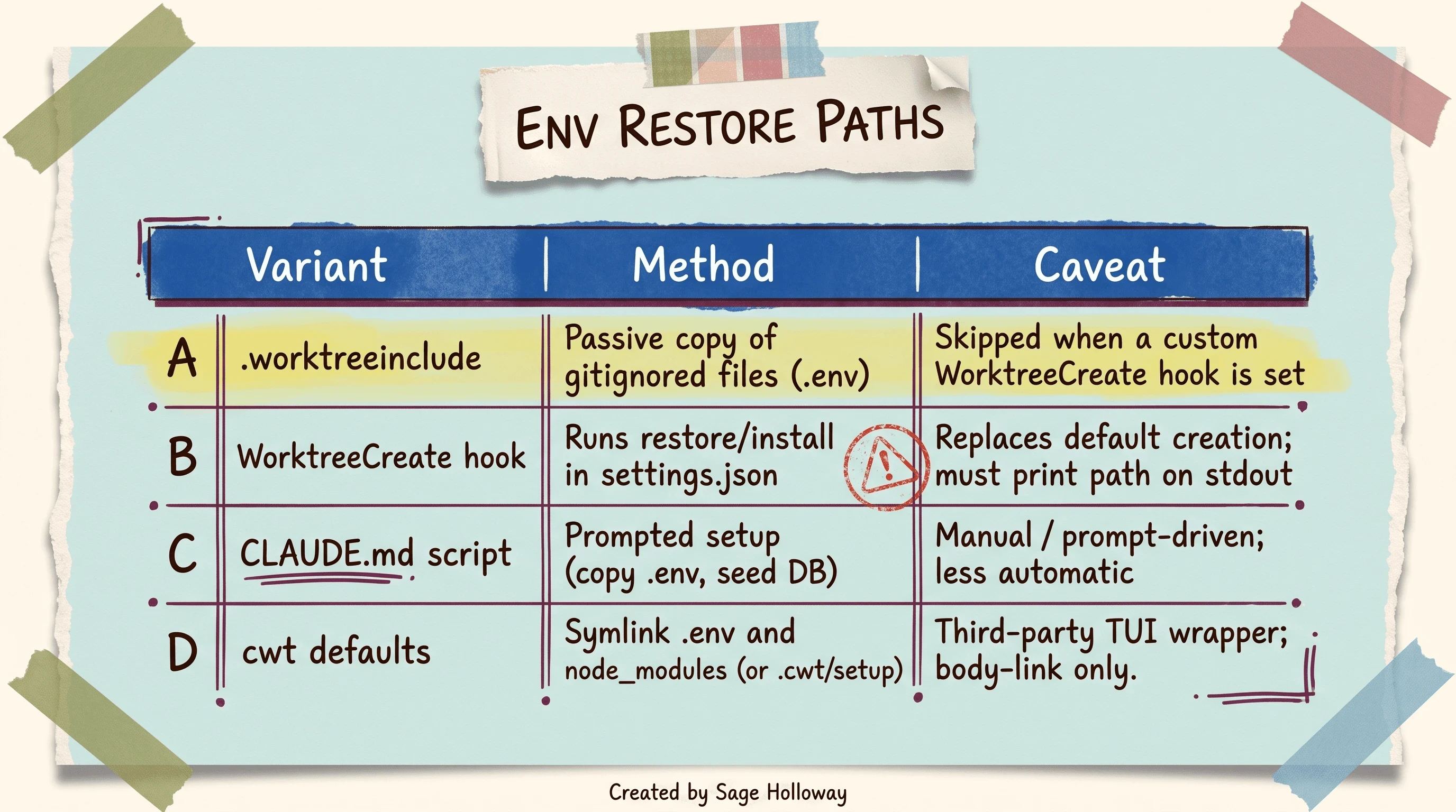 Comparison table of Claude Code worktree environment setup: .worktreeinclude, WorktreeCreate hooks, CLAUDE.md scripts, and cwt