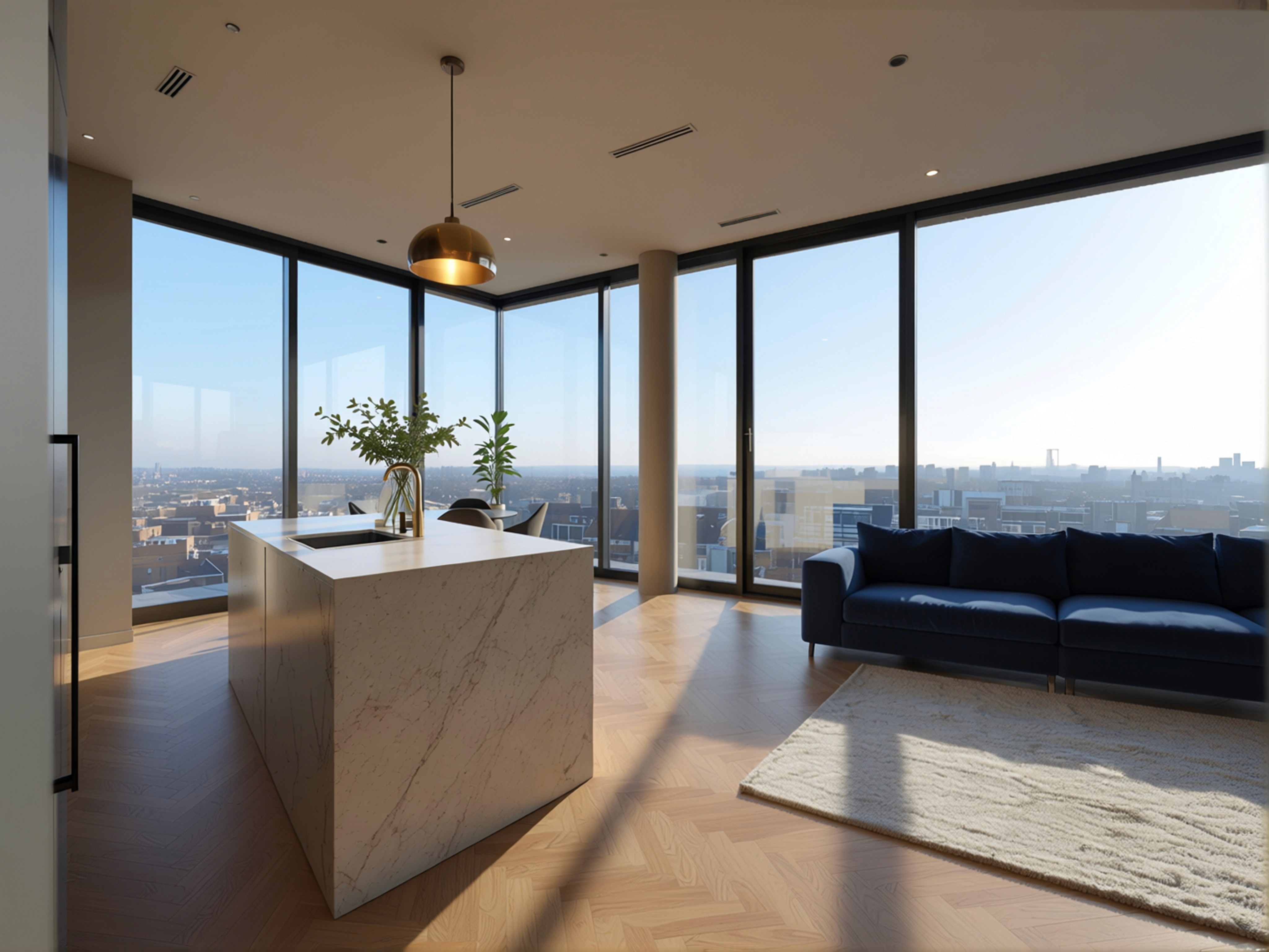 Gemini said A classic-style kitchen and breakfast room with off-white paneling, marble-patterned flooring, and intricate ceiling carvings. In the center, a large white kitchen island with marble counter has a central grey vase with white-colored flowers and a sink on the right side. Against the far-left wall is a white countertop, two glass-fronted cabinets with off-white bowls on the shelves, and two drawers and cabinets. Next to it, in the center, is a large white rangehood with detailed carvings at the bottom, above an off-white professional-style range with six burners. In the far-right corner are three white panel-designed double doors with gold-colored handles, with the left door open and looking out on a green garden. To the right of the island is a large potted plant and a second similar potted plant sits in the far-left corner. Natural daylight streams through the open window, illuminating the room.