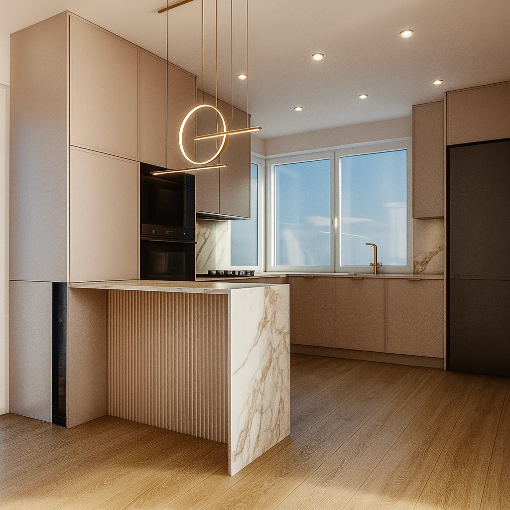 Projekt kuchni z wyspą i marmurowym blatem – okrągła lampa wisząca, jasna nowoczesna aranżacja
