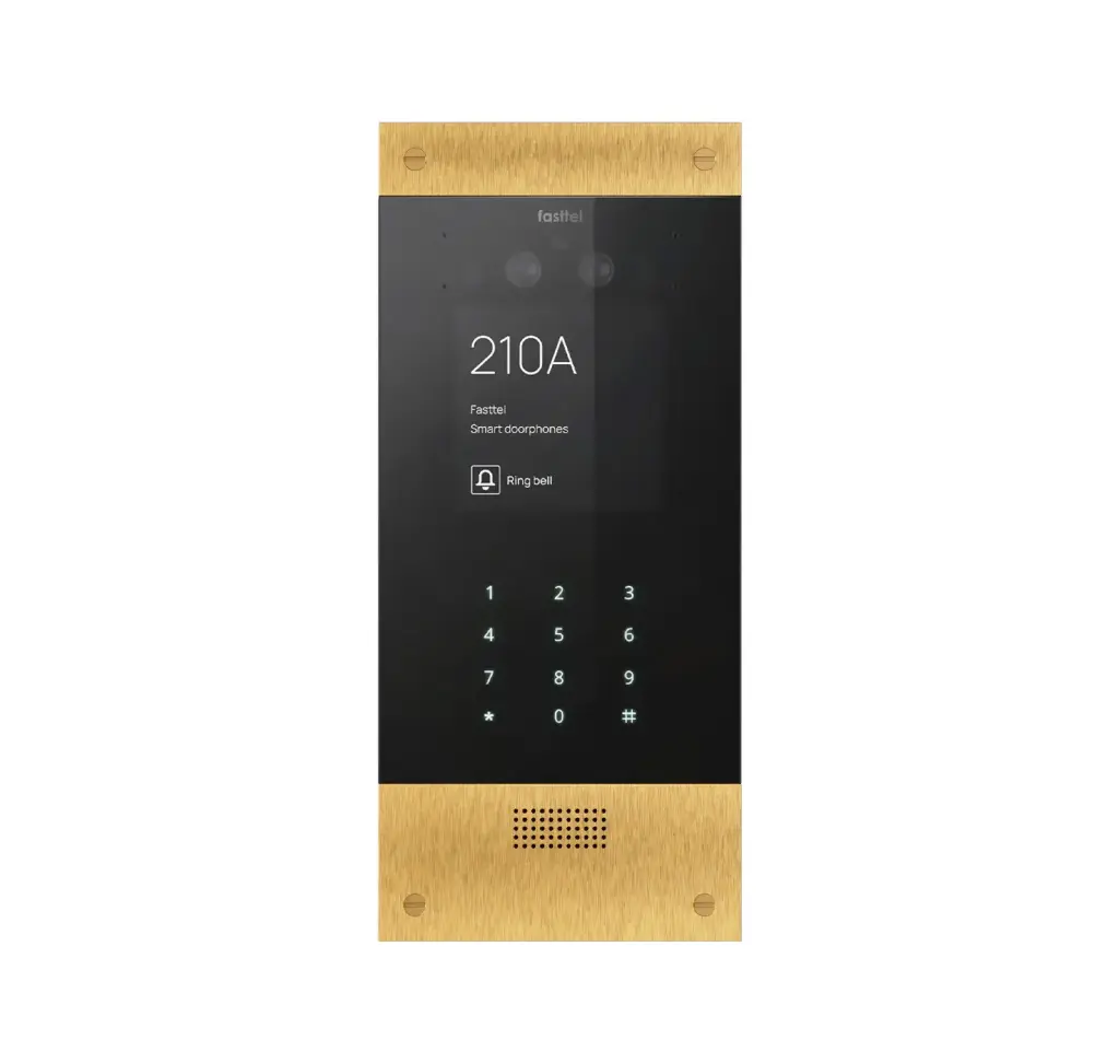 Black smart home device with screen showing time and temp