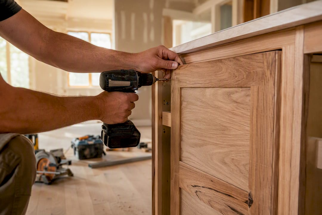 Close-up of contractor installing kitchen cabinet
