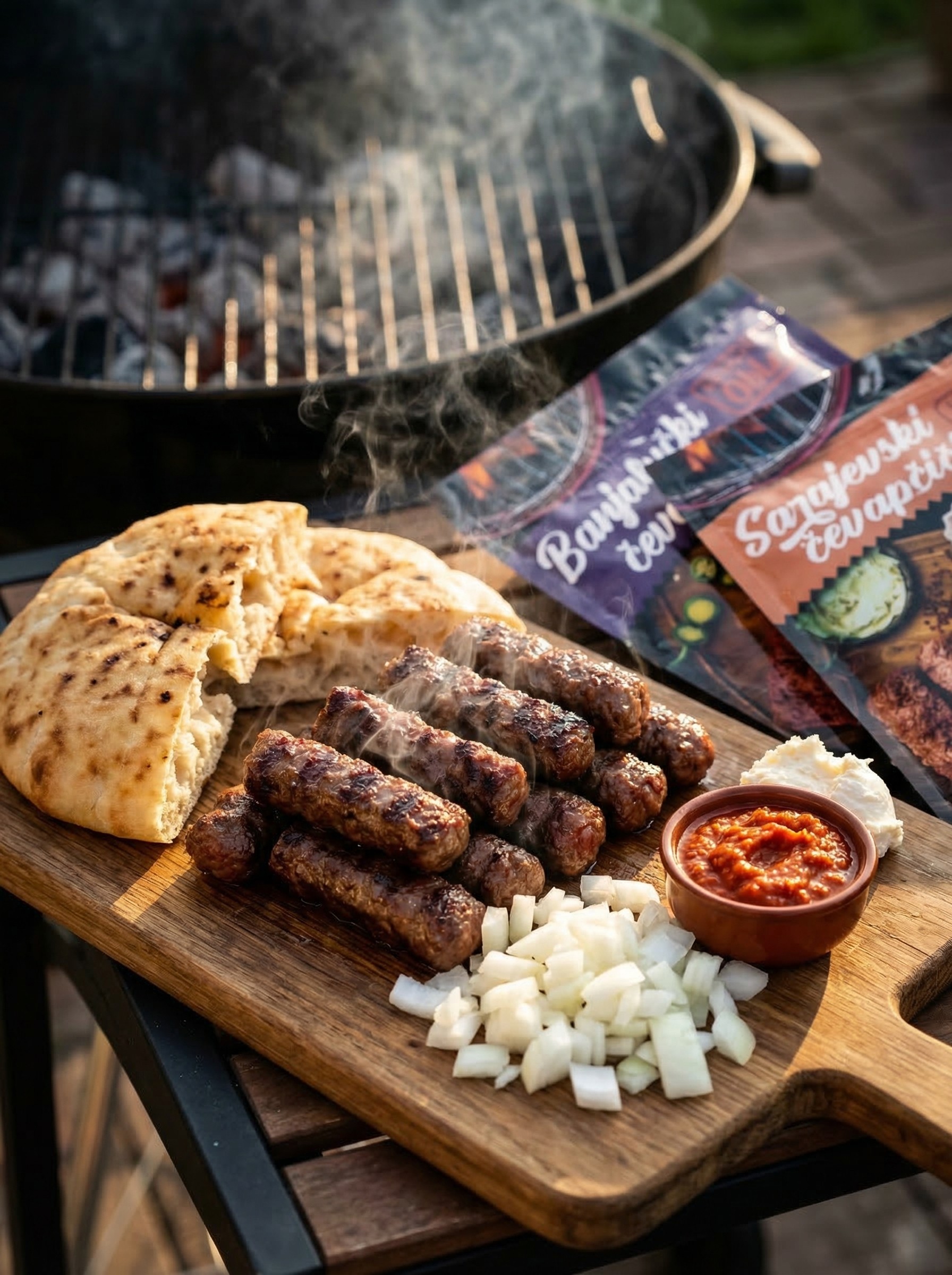 Gegrilde cevapcici met brood, ui en saus bereid op de barbecue