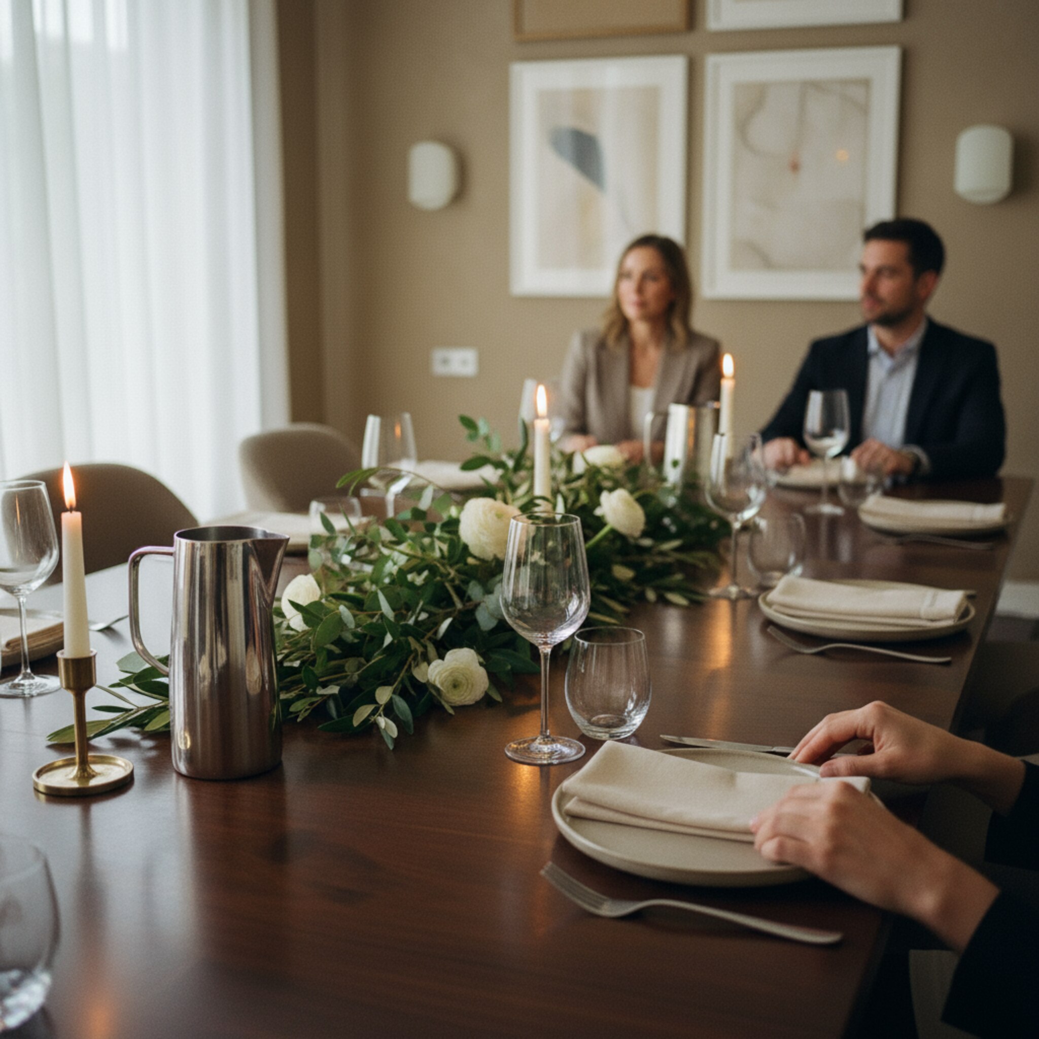Ein Private-Dining-Raum mit langem Holztisch ist elegant eingedeckt. Kerzen flackern, silberne Wasserkrüge reflektieren warmes Licht. Eine Serviette wird sorgfältig gefaltet, während im Hintergrund leise Stimmen zu hören scheinen. Die Szene vermittelt Exklusivität und Gastlichkeit ohne Ablenkung.