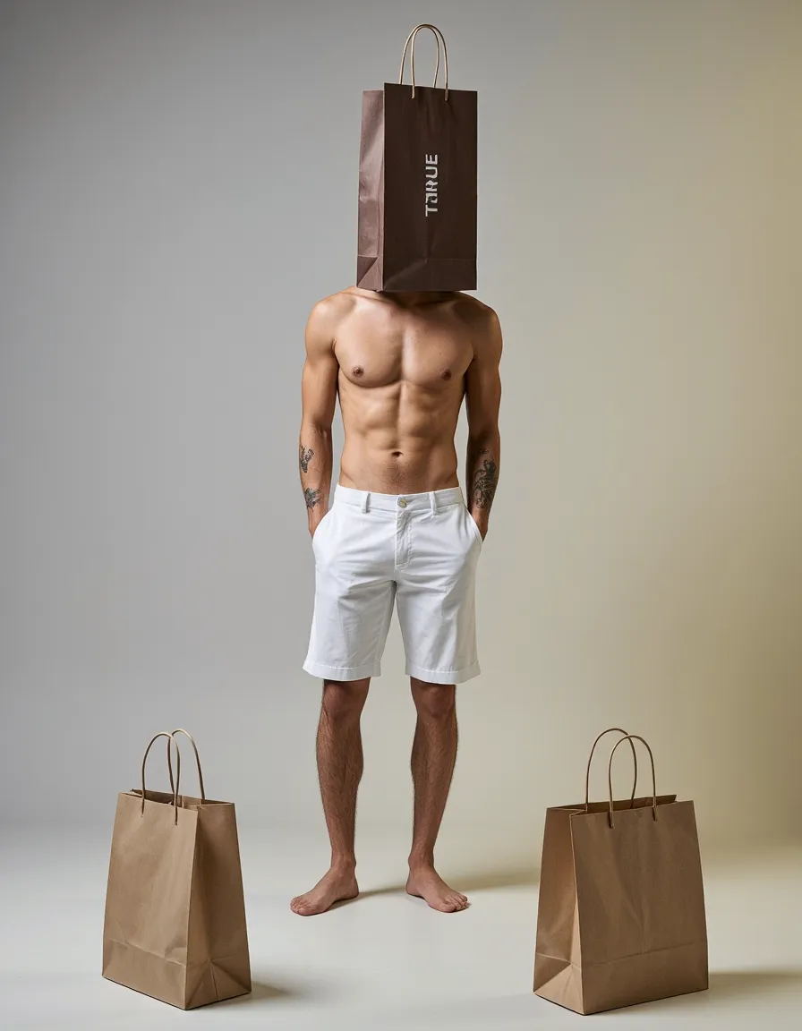 Shirtless male model in white shorts with shopping bag on head, flanked by paper bags in conceptual fashion shoot