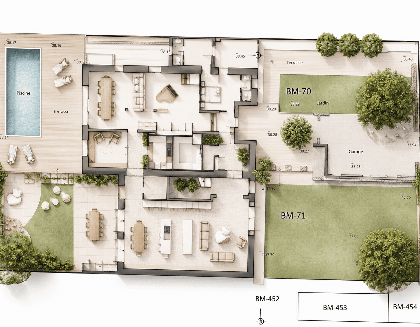 Étude architecturale d'un projet d'agrandissement de maison réalisée par Karbone Architectes à Montpellier. Plan d'aménagement permettant d'étudier plusieurs scénarios d'extension de maison, de surélévation, de transformation de garage, de réhabilitation de dépendance ou d'aménagement des espaces existants. Cette phase de conception permet d'optimiser les circulations, la lumière naturelle, les volumes, l'implantation sur le terrain et la relation entre les espaces intérieurs et extérieurs. Architecte spécialisé dans l'extension de maison, la rénovation complète, les plans de maison, les permis de construire, les études de faisabilité et les projets sur mesure à Montpellier, Castelnau-le-Lez, Clapiers, Lattes, Mauguio, Saint-Gély-du-Fesc et dans tout l'Hérault. Conception architecturale, optimisation des surfaces habitables, valorisation du patrimoine, architecture contemporaine et rénovation de maisons individuelles.