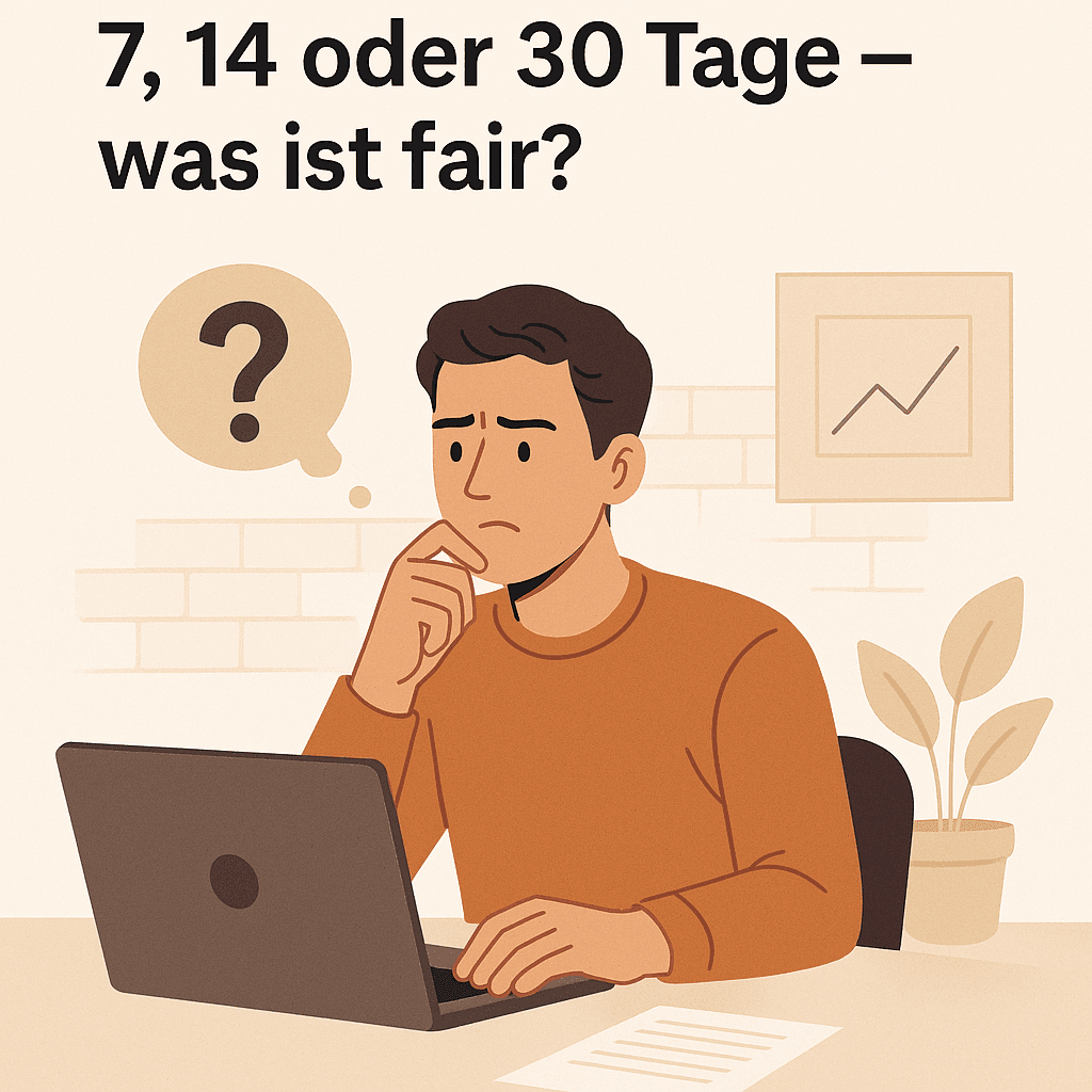 A German-language digital illustration shows a thoughtful man sitting at a desk with a laptop, pondering payment terms for freelancers. A question mark floats beside his head, and the text above reads: "7, 14 oder 30 Tage – was ist fair?" The background features minimalist office decor, including a plant and a framed graph. 