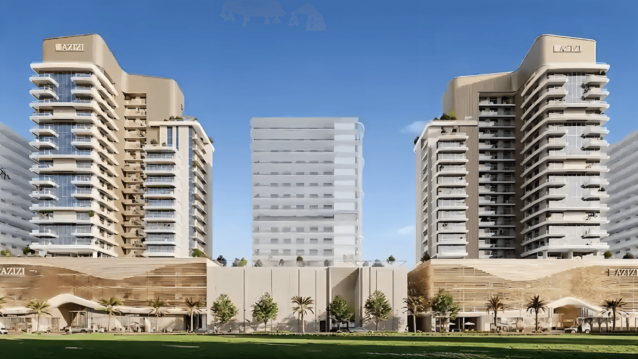 Azizi Noura's artistic depiction of a contemporary apartment building, highlighting its modern architecture and urban appeal.