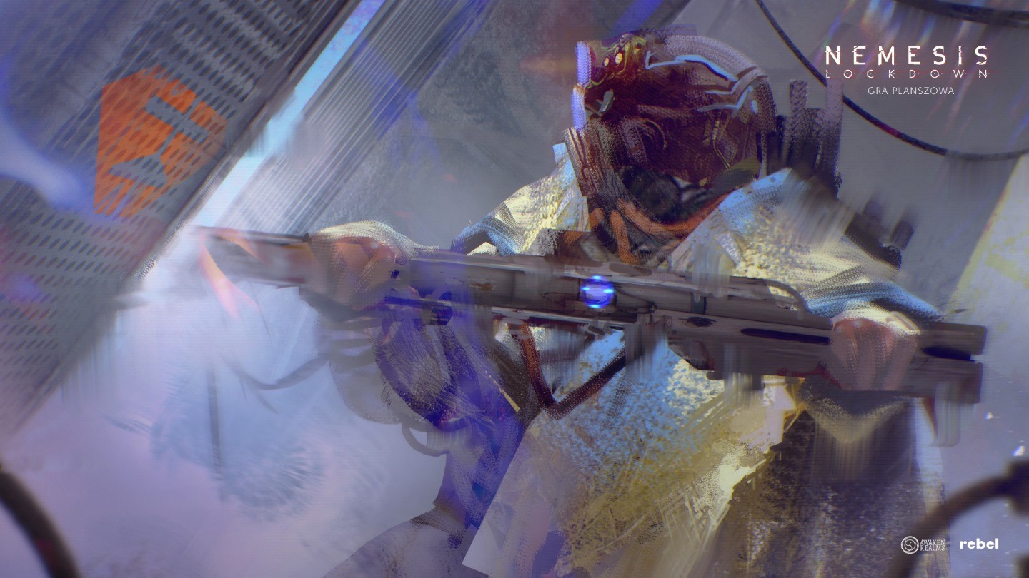 A futuristic soldier wearing a helmet and suit, holding a large weapon, appears to be inside a spaceship with blurred and abstract elements around. The text "Nemesis Lockdown"