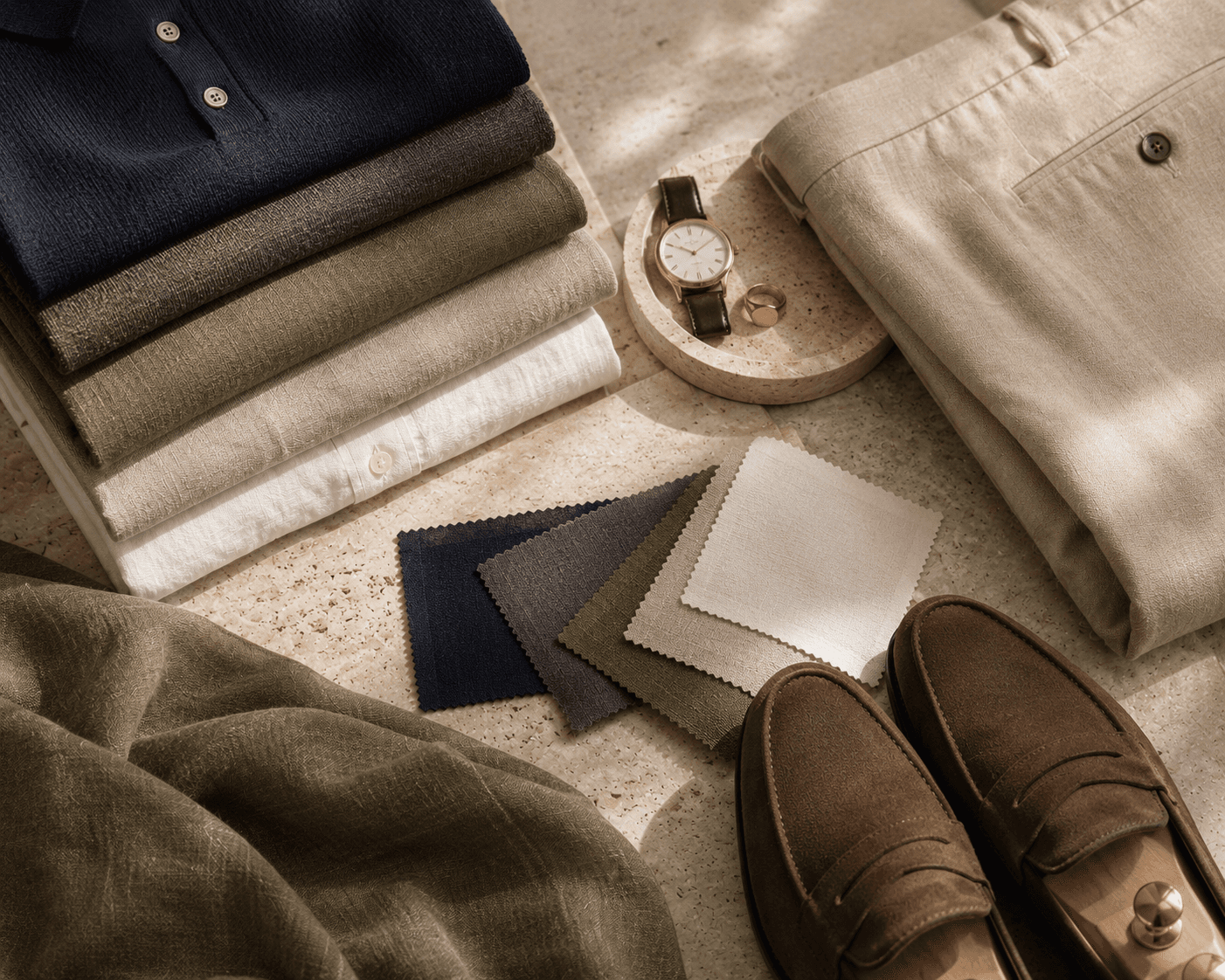 A curated menswear flatlay on a warm travertine stone surface. On the left is a neat stack of folded linen shirts in navy blue, charcoal gray, olive green, oatmeal beige, and white. In the center are matching fabric swatches arranged fan-style next to a circular stone dish with a leather-strap watch and gold signet ring. On the right are folded beige linen trousers, and in the bottom foreground are brown suede penny loafers fitted with shoe trees alongside draped olive green linen fabric under soft natural lighting.