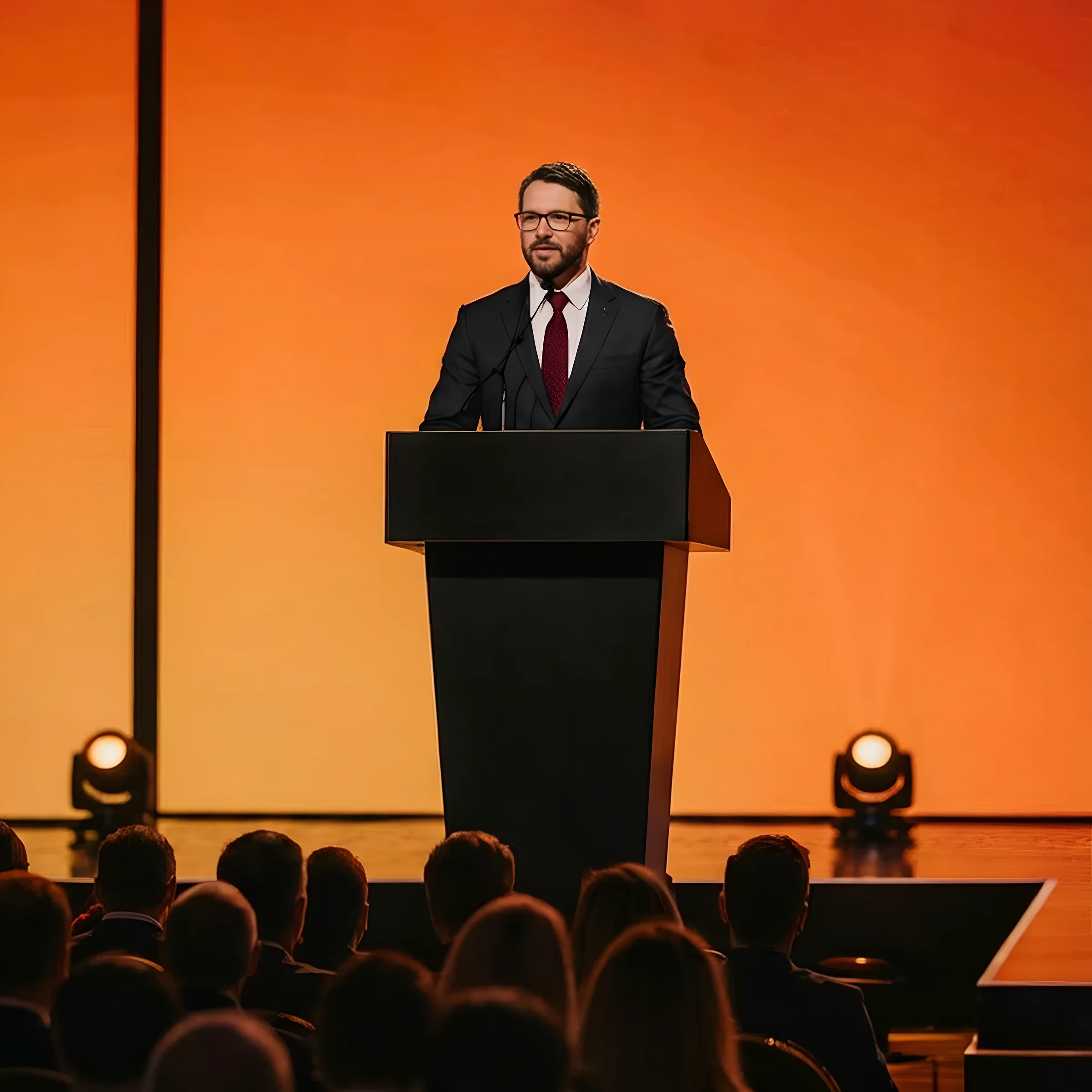 Man in a suit speaking at a podium on an orange-lit stage in front of an audience
