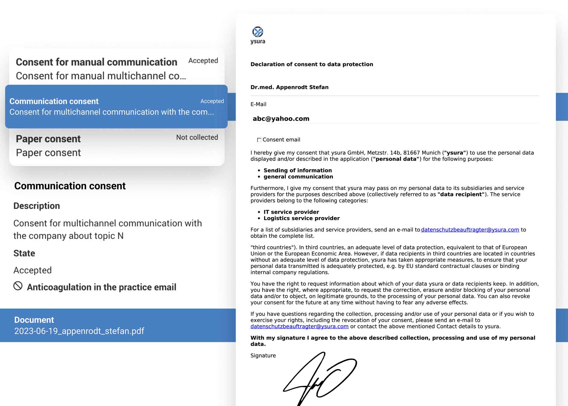 An illustration of the ysura CRM UI in the consent management module