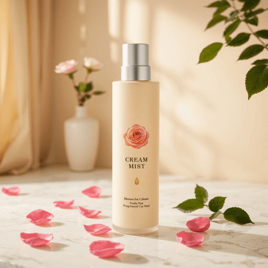 product photography of a bottle of cream mist for skincare