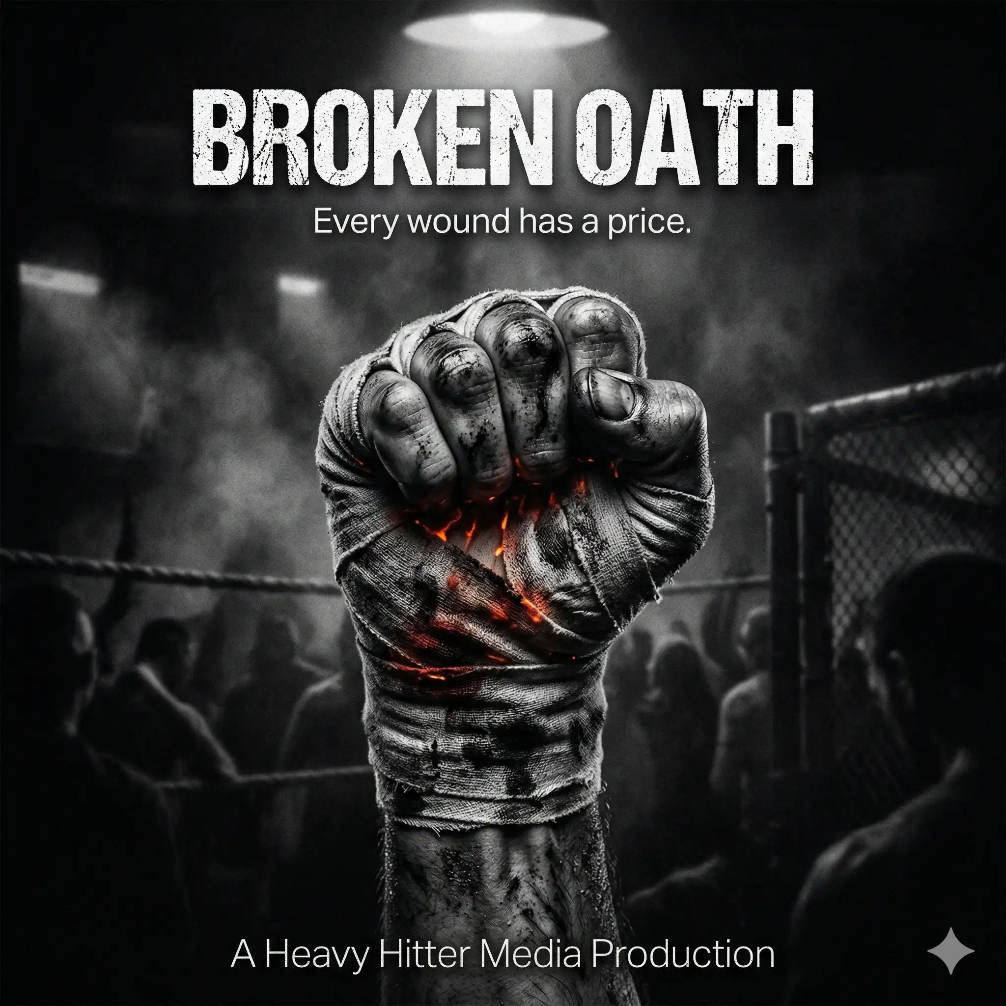 AI-generated gritty movie poster titled 'Broken Oath', displaying a close-up of a bloodied, tape-wrapped fighter's fist radiating glowing orange embers, set against a blurred underground fighting cage. Generated by Mahendra R.