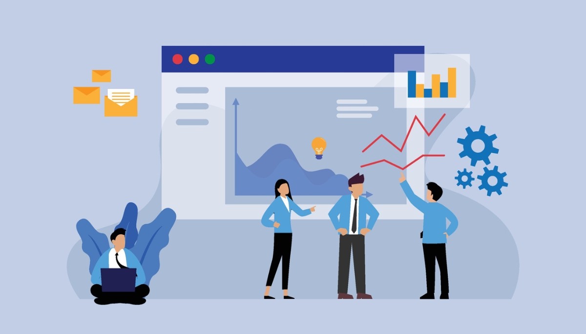 Illustration of professionals analyzing data on laptops and charts, with digital interface elements representing pricing and value.