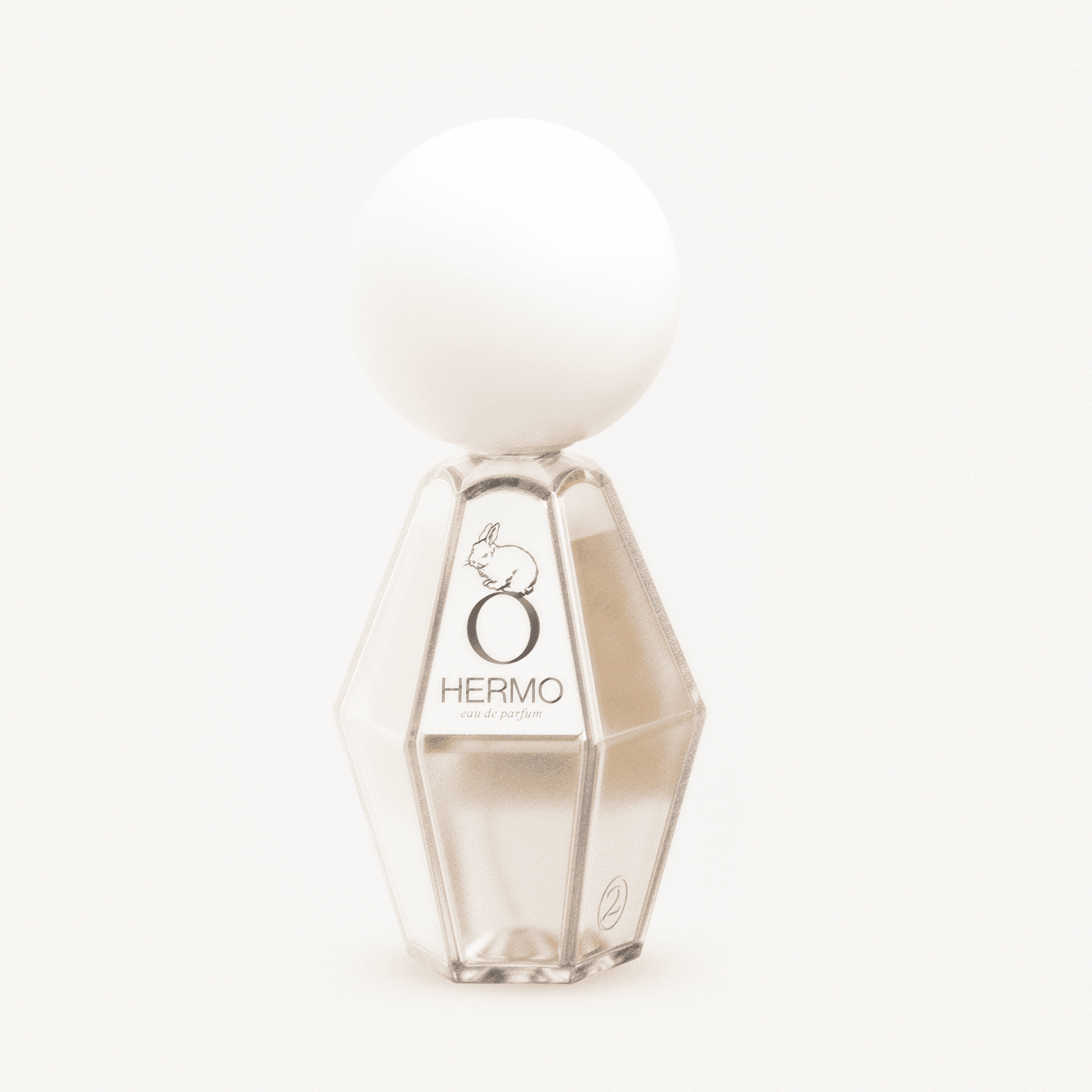 Faceted glass perfume bottle by FEVVERS with a spherical cap; the label shows a delicate line drawing of a rabbit and the name HERMO. Soft lighting and minimal design evoke a quiet, intimate elegance.