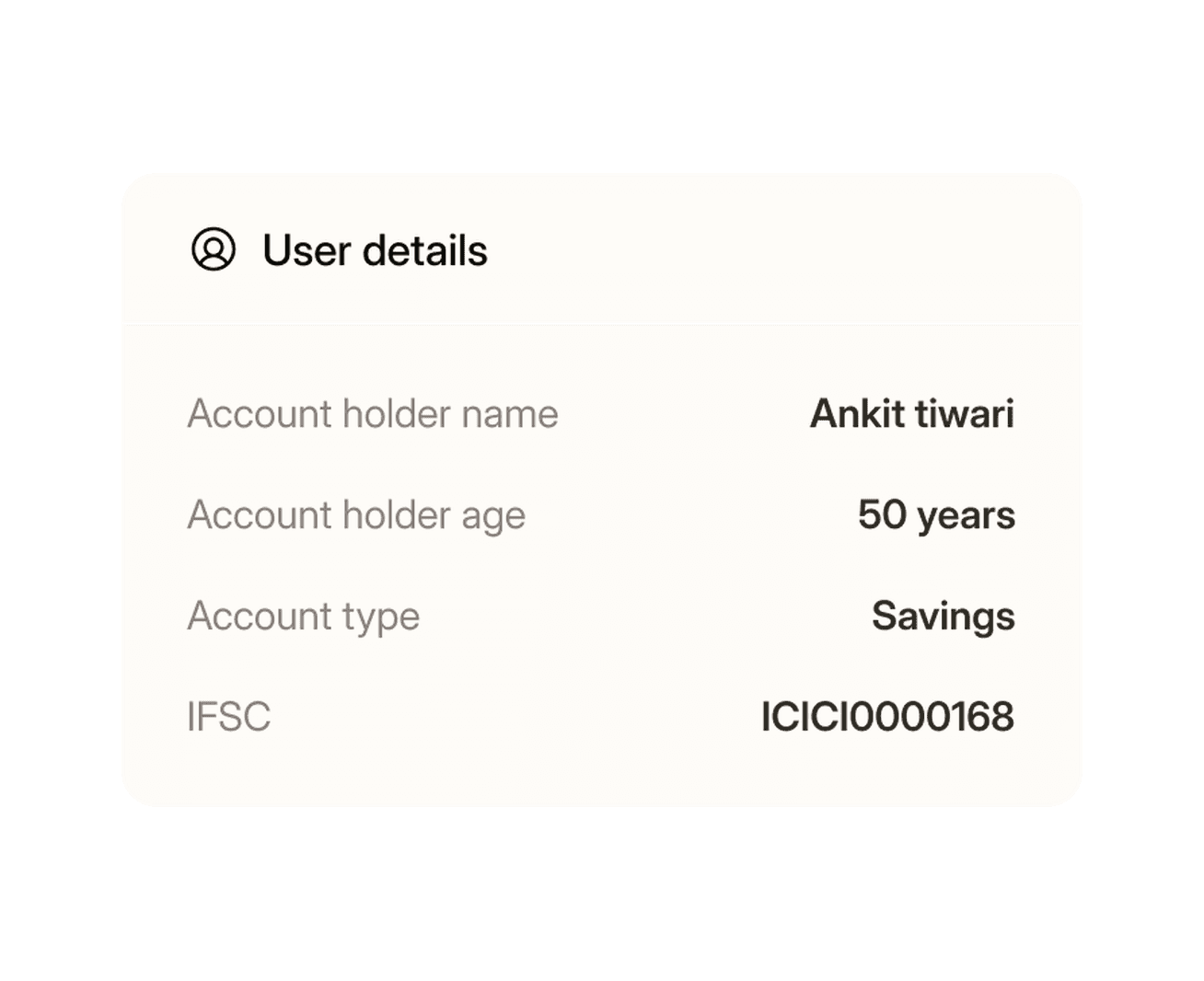 ICICI Bank account details showing holder name, age, account type and IFSC