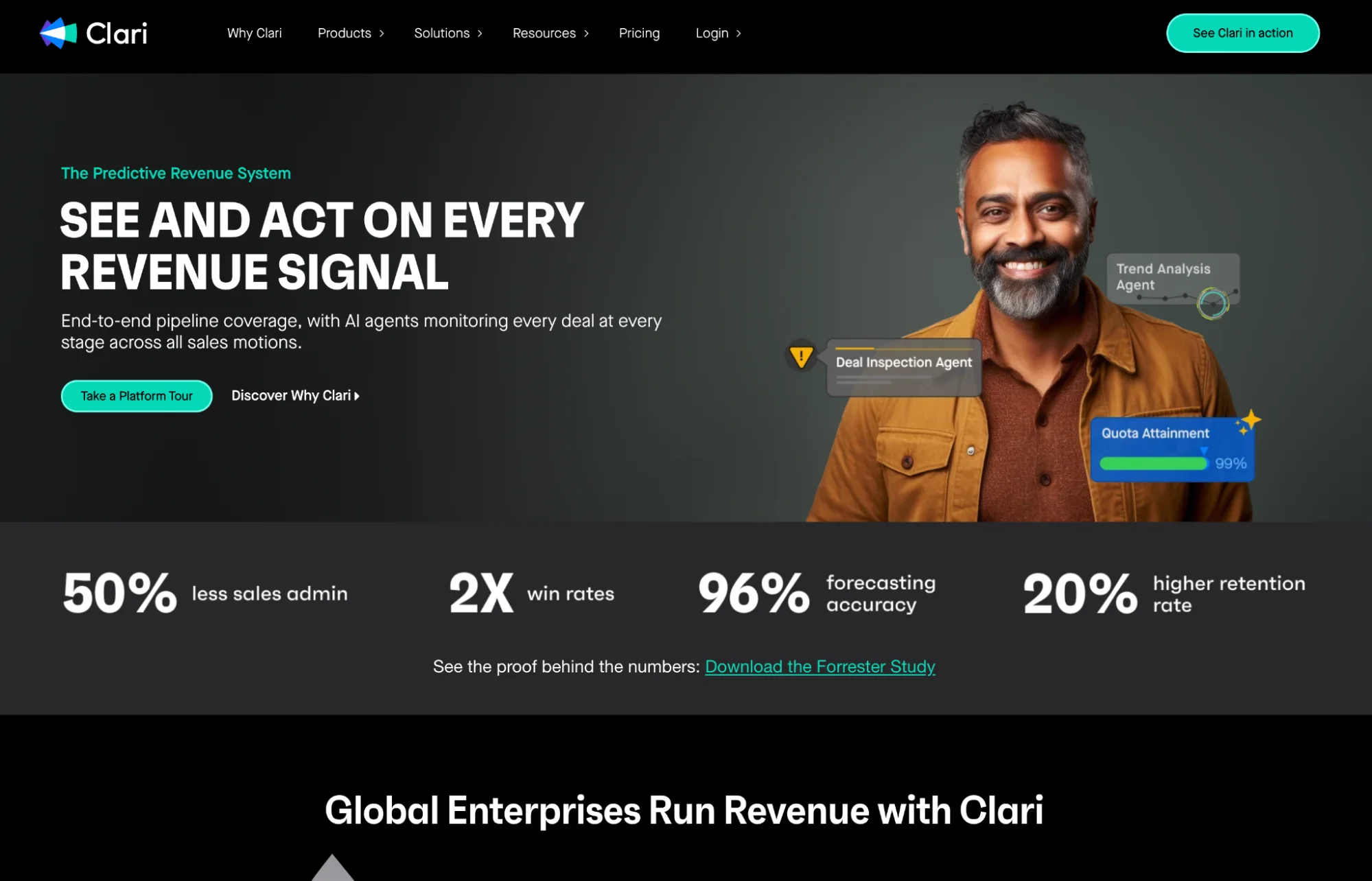 Clari homepage: AI revenue platform for forecasting and pipeline management