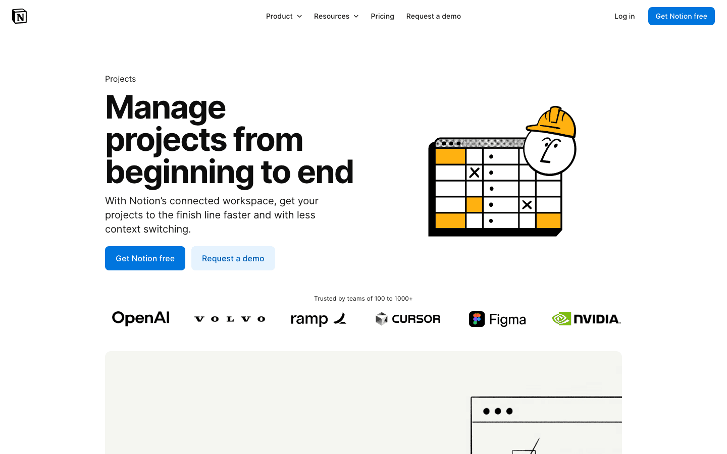 Notion Projects page showing the manage projects from beginning to end hero