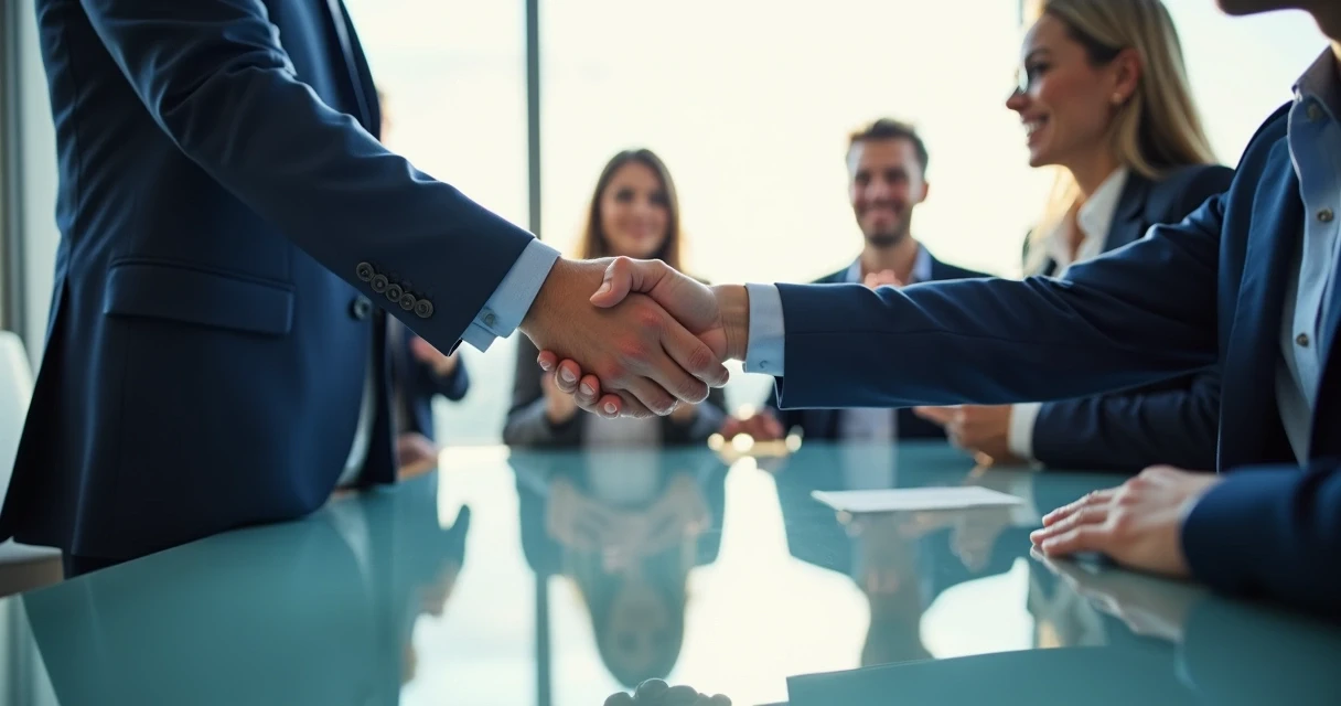Dois colaboradores apertando as mãos em reunião.