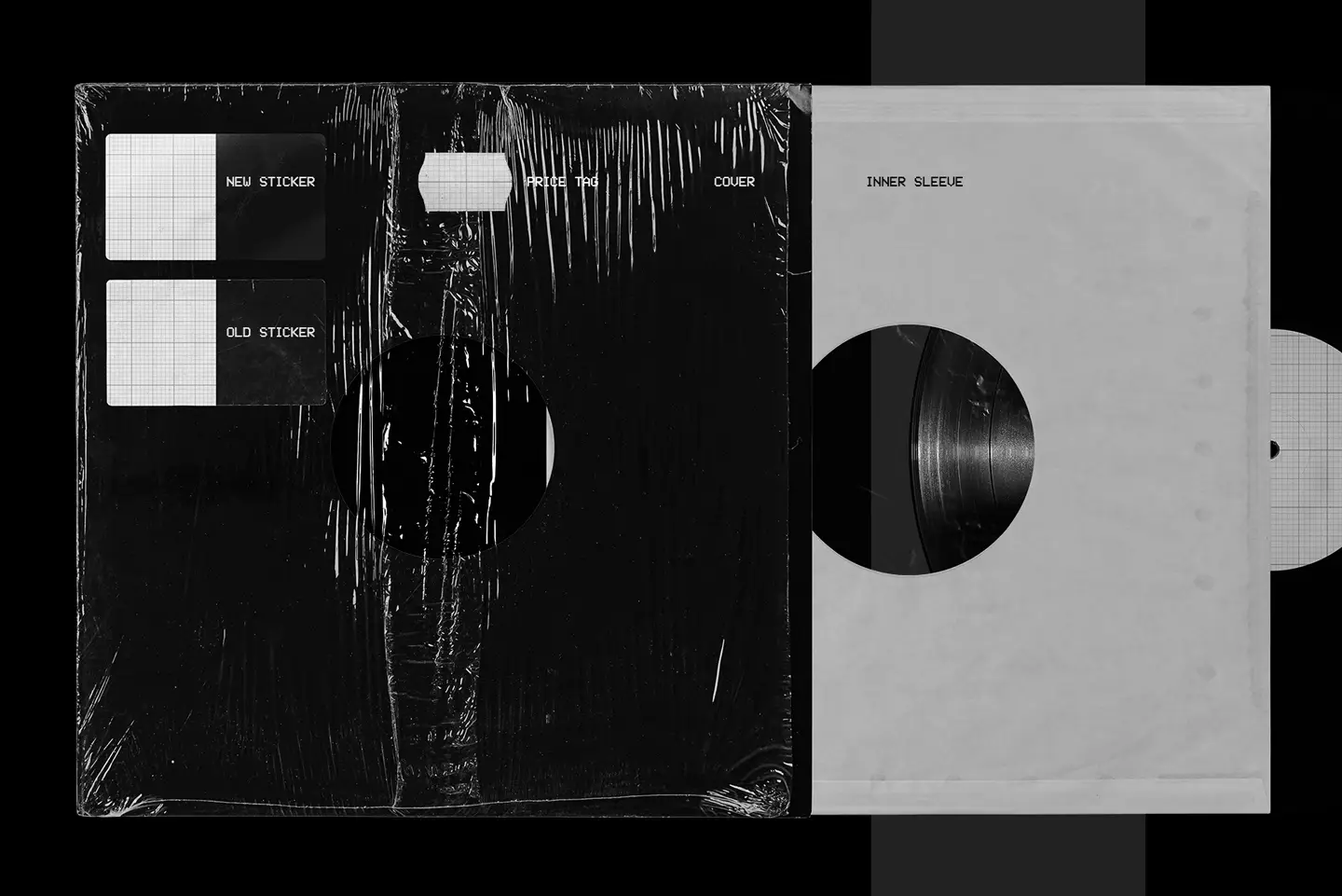 Vinyl record mockup with editable stickers including old label and price tag