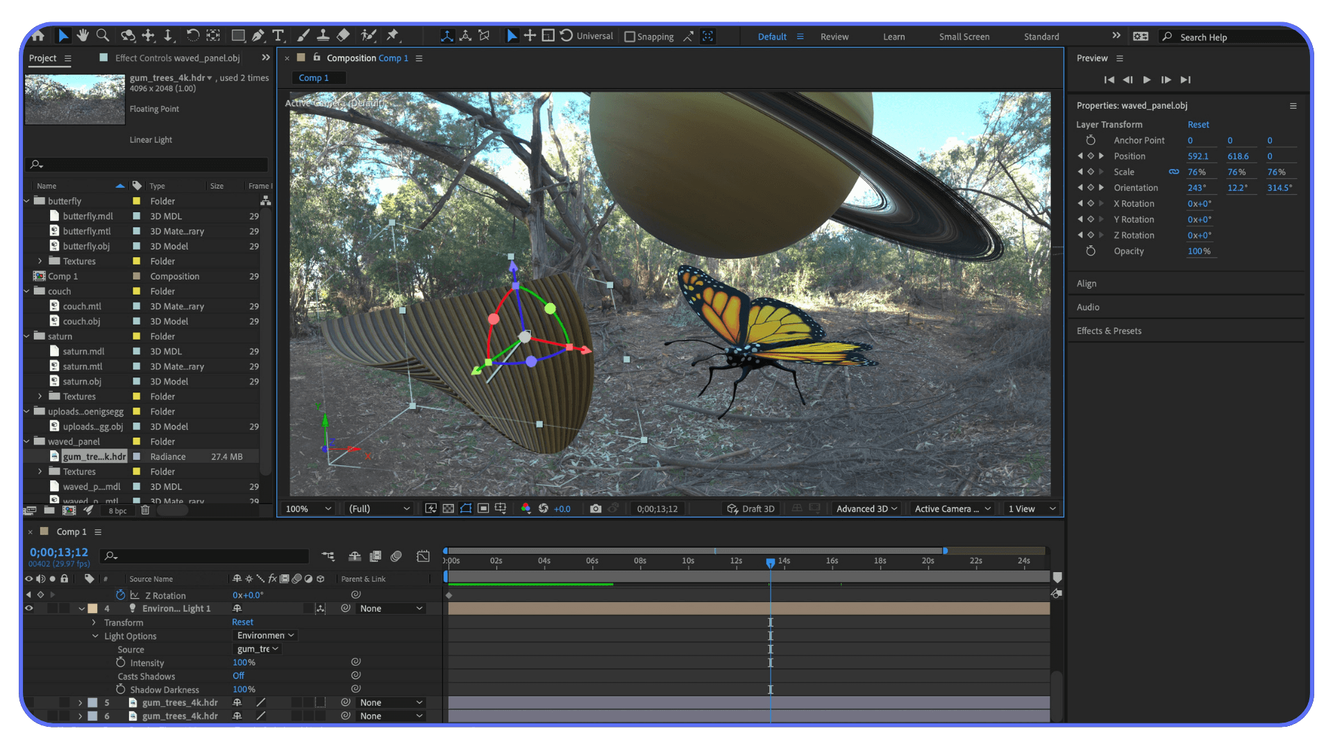 Adobe After Effects interface showing a 3D composition with camera controls, lighting, and layered objects