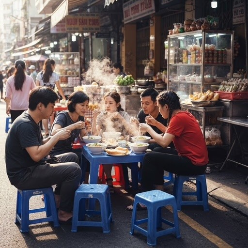 Group of people eating pho cover image for Viet Club on Tribe Chat, a community for Vietnamese culture, language learning, food, and travel.