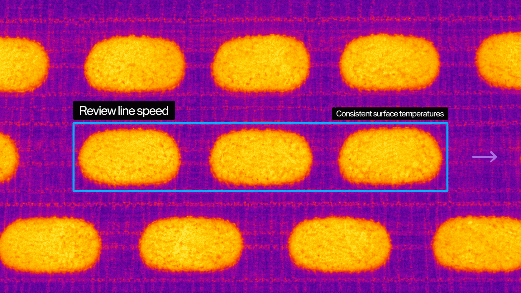 Illustrative thermal view of hash brown patties with consistent surface temperatures highlighted for line-speed review.