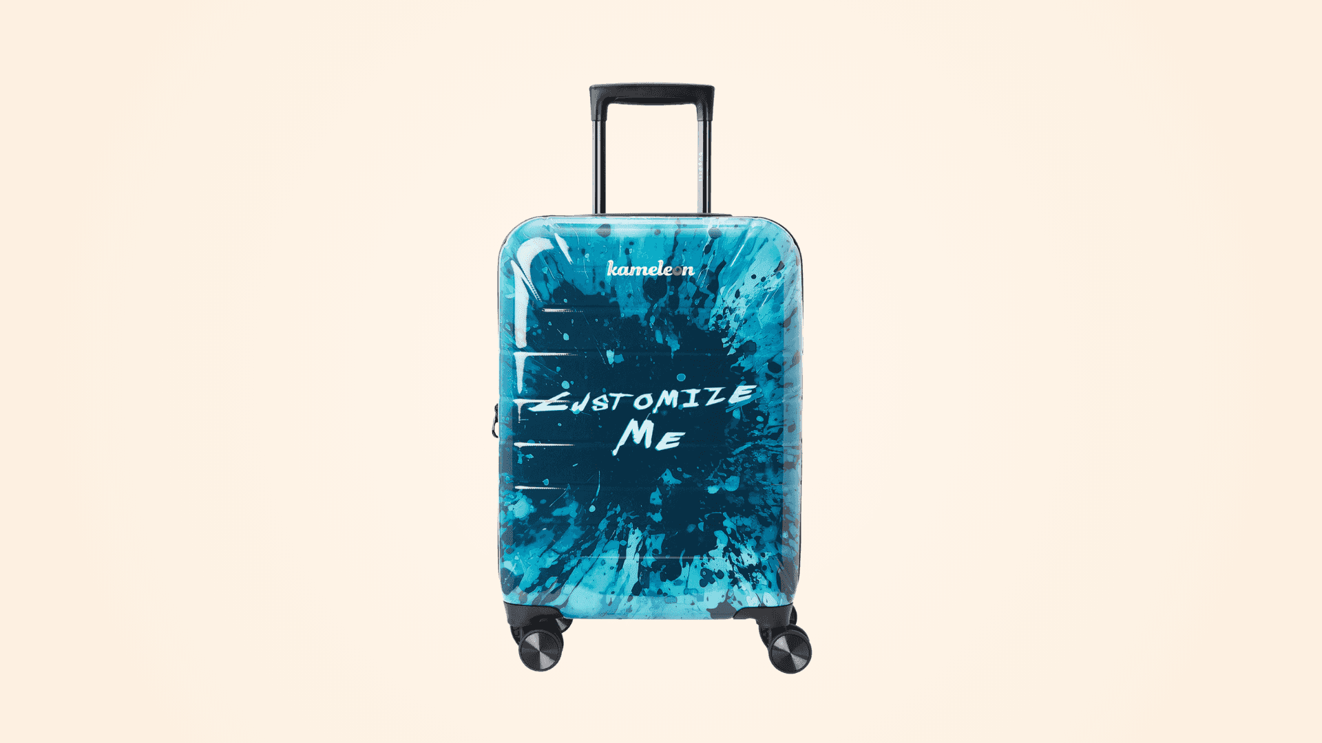 A blue carry on suitcase that says customize me on a tan background.