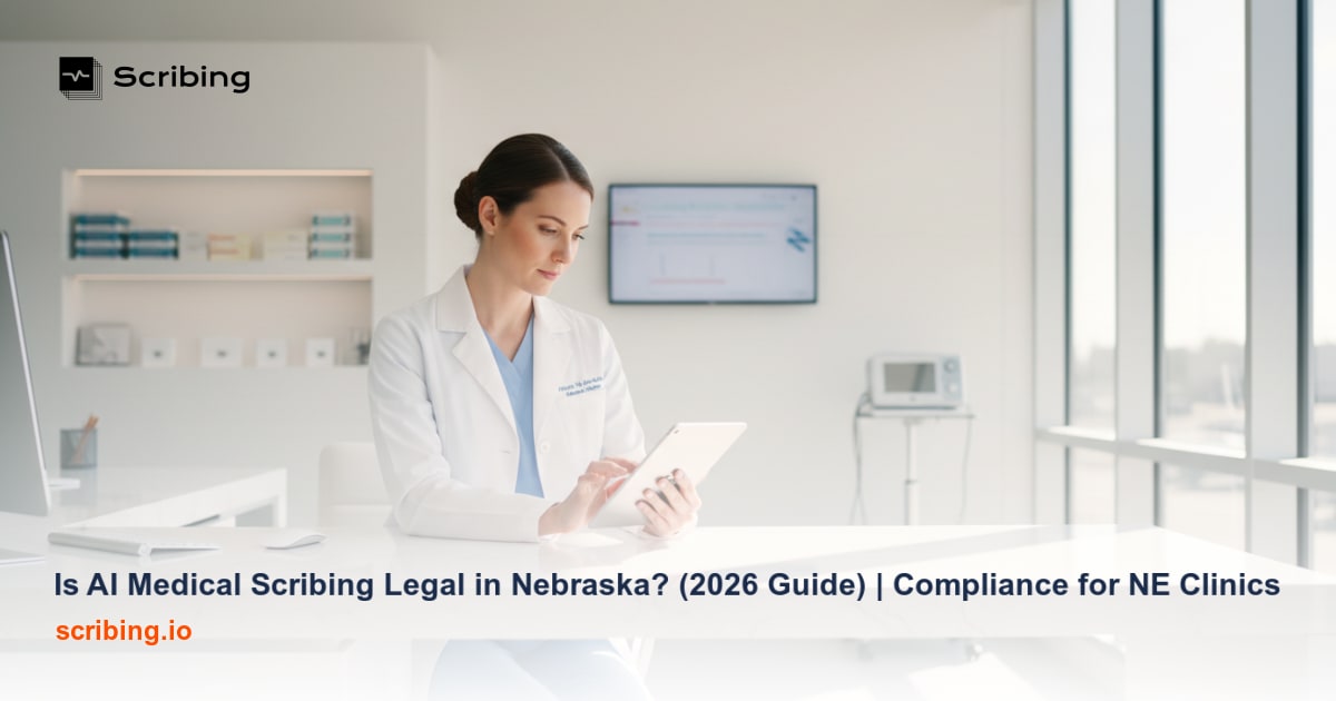 Nebraska medical clinic workstation illustrating AI medical scribing compliance and legal requirements for 2026