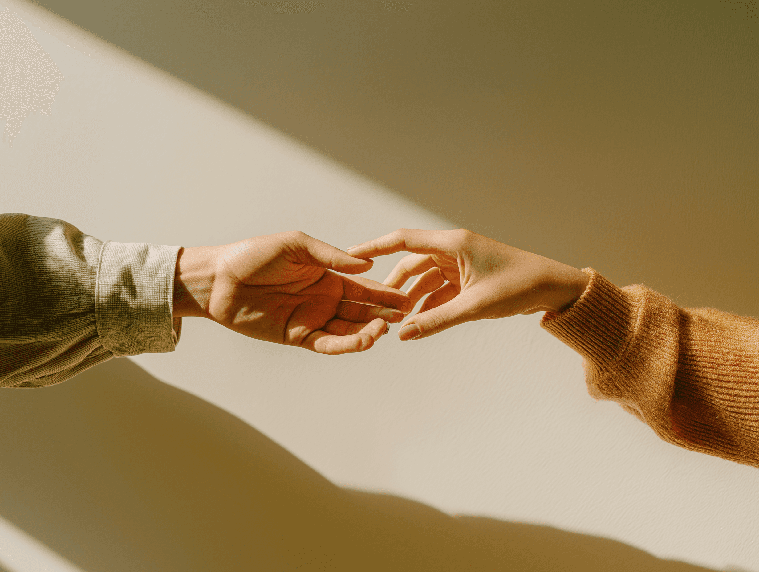 Two hands reaching toward one another with a warm, sunny background and soft shadows.