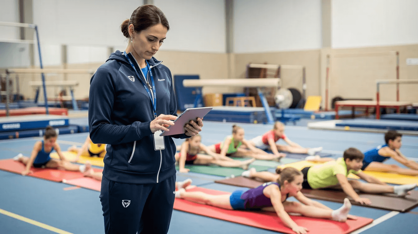 A gymnastics coach stands confidently holding a tablet, overseeing young athletes as they stretch on gym mats in the background. This scene highlights the importance of effective class management and the role of gymnastics club owners in facilitating training sessions for their gymnasts.