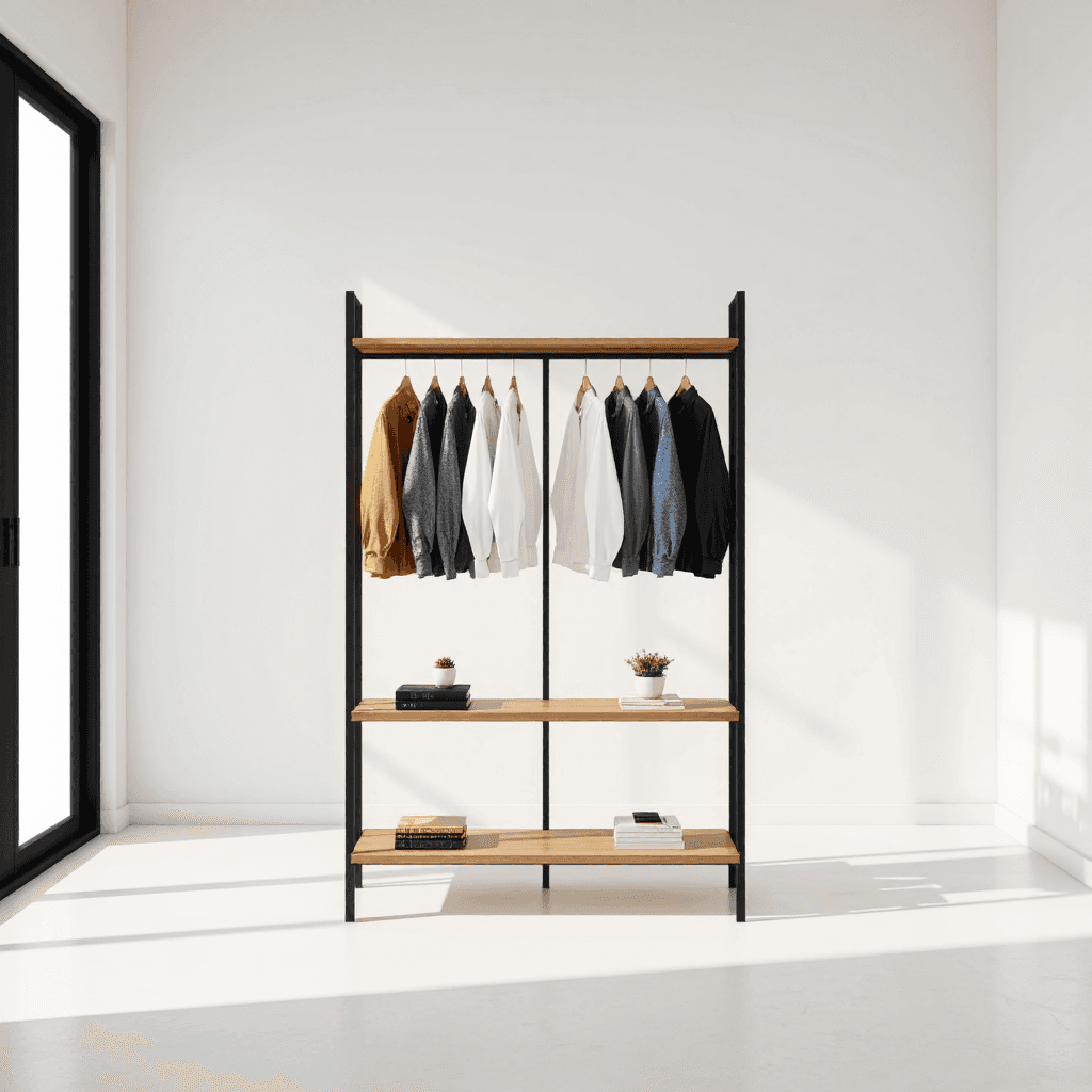 product photography of a clothing rack with shelves for storage