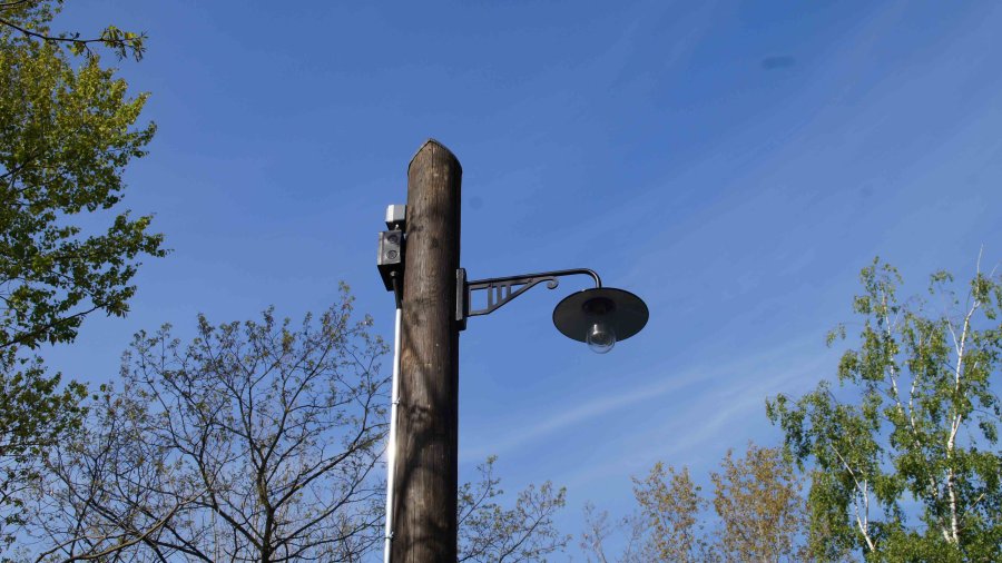 Alte Straßenlaterne im Park, gegen blauen Himmel. Retro-Design mit Baumkrone.