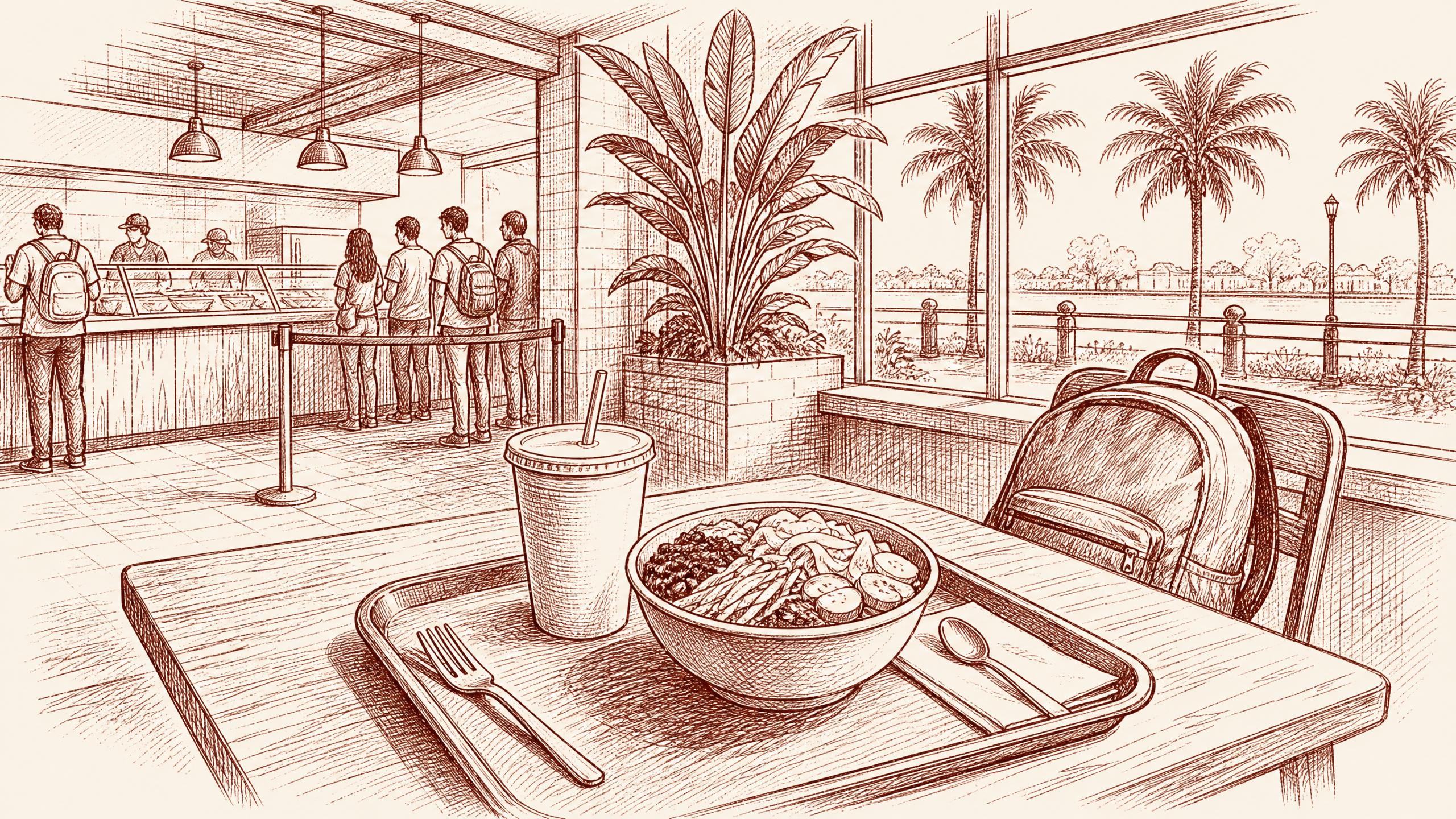 A single counter-service table prepared for a short class break, a smoothie cup without markings -- cheap eats near usf