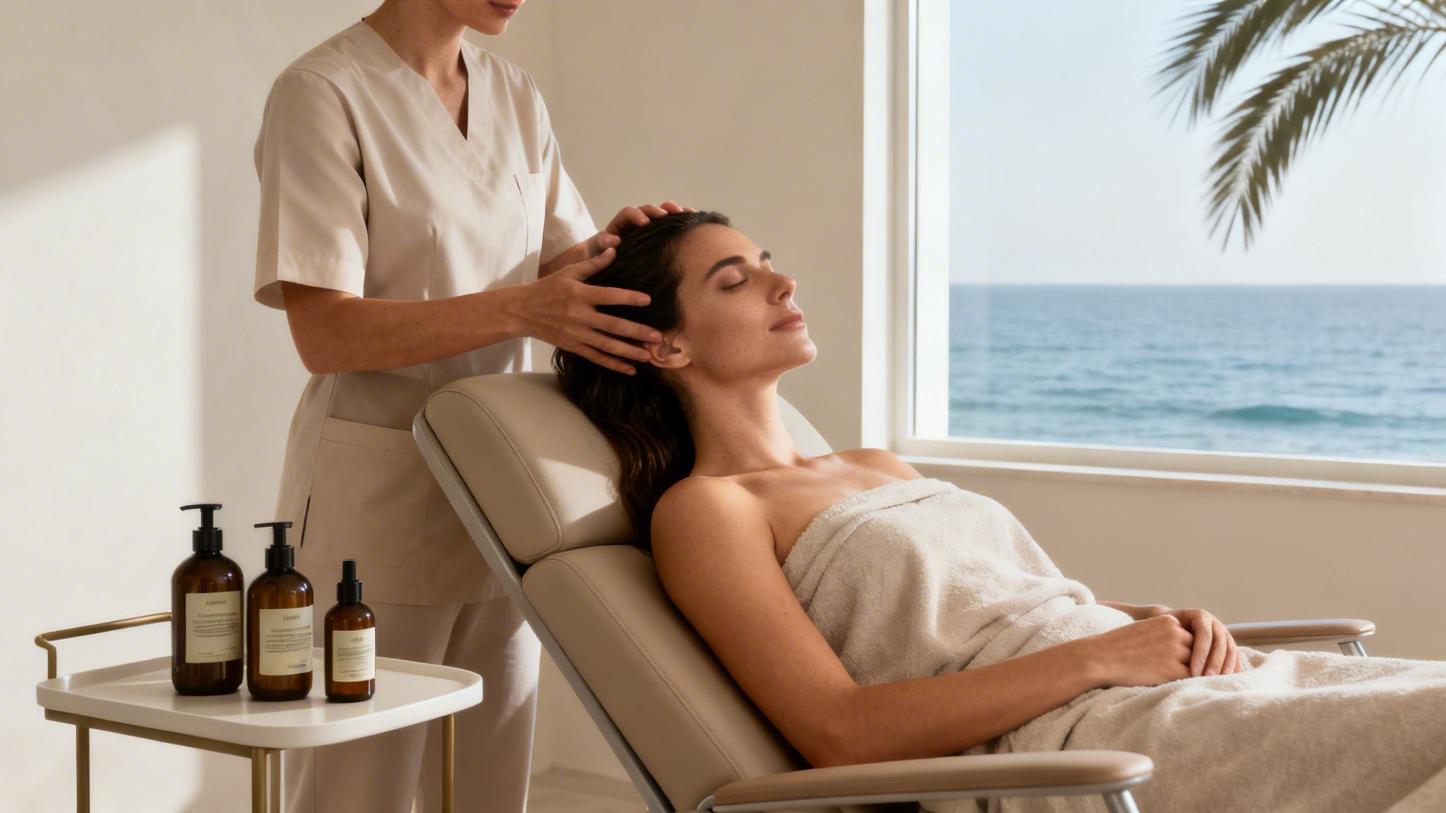 A woman enjoys a relaxing head massage by a therapist in a tranquil spa room overlooking the ocean, with beauty products nearby.