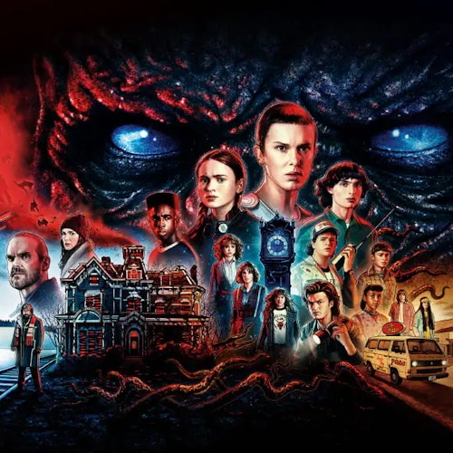 Collage of characters, eerie eyes, and haunted house with supernatural elements, from a TV series.